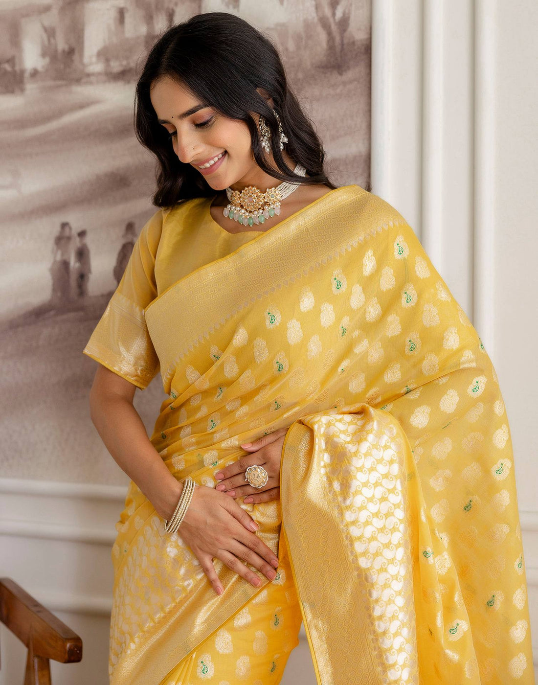 Light Mustard Yellow Chanderi Woven Saree