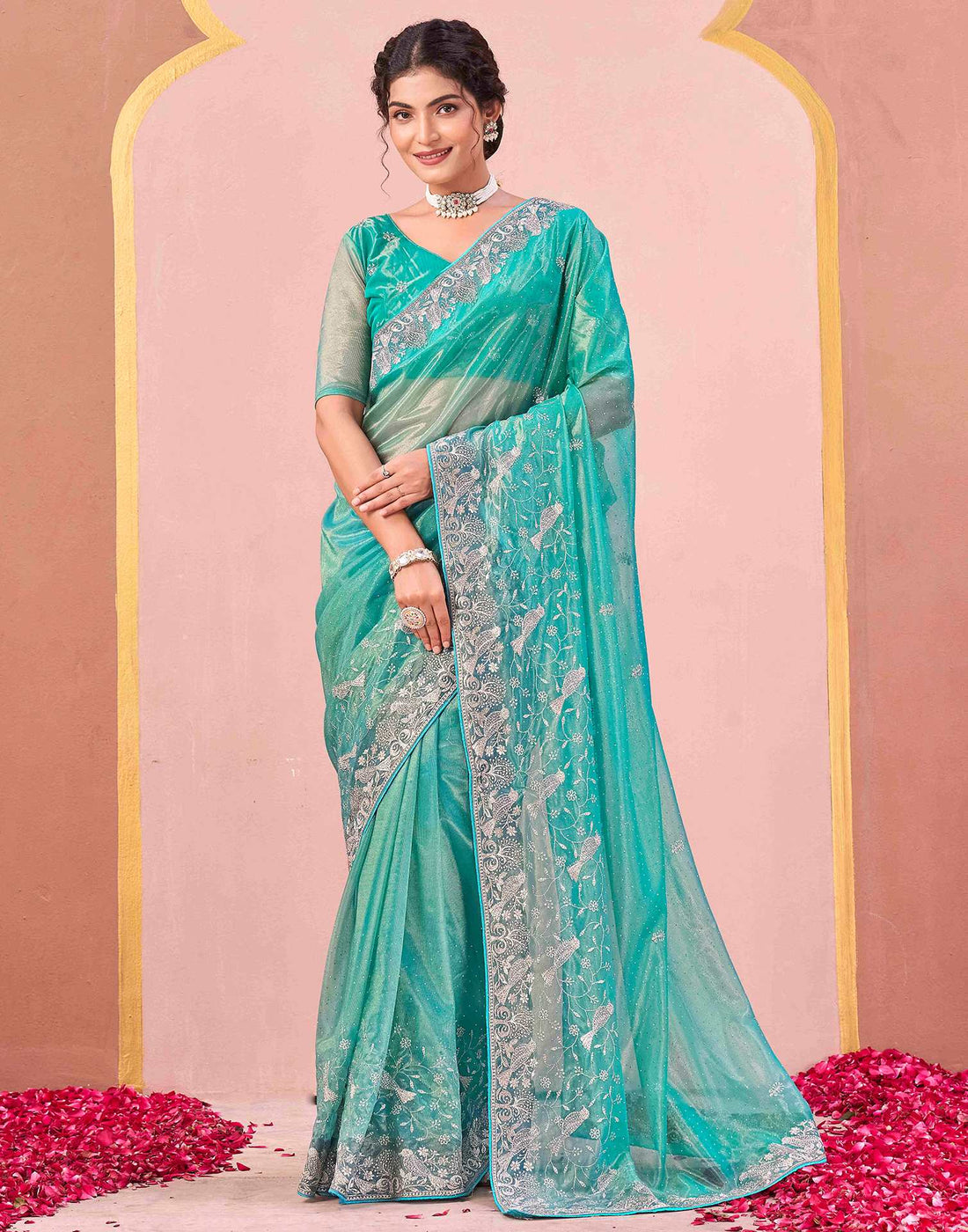 Turquoise Shimmer Net Embroidery Swarovski Saree