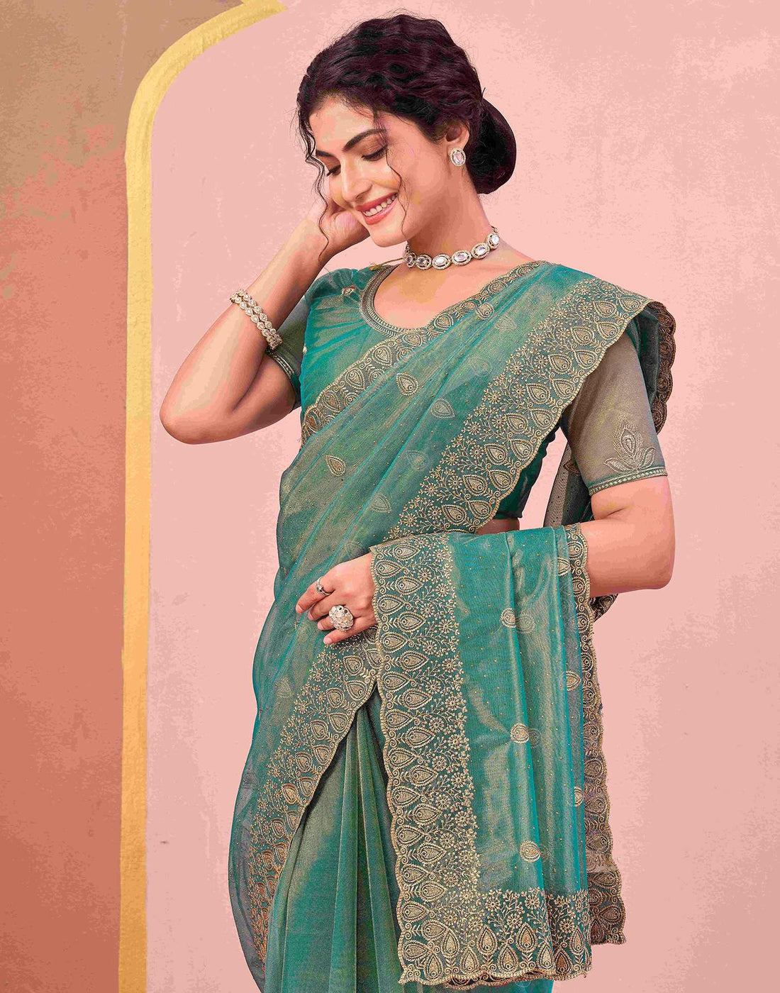 Dusty Teal Green Shimmer Net Embroidery Swarovski Saree