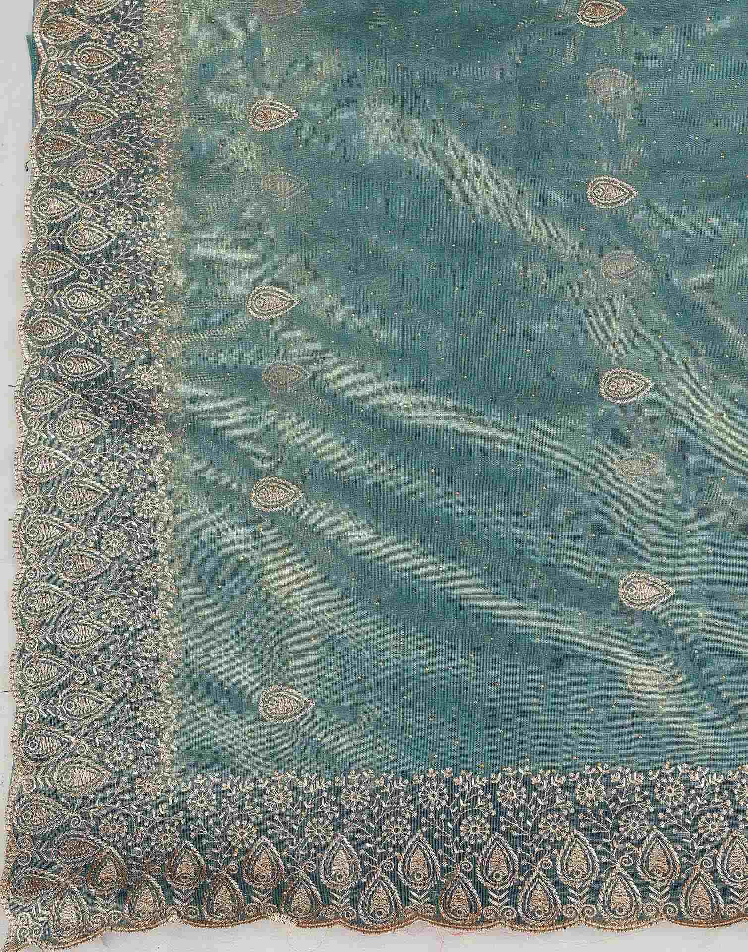 Dusty Teal Green Shimmer Net Embroidery Swarovski Saree
