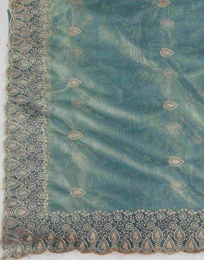 Dusty Teal Green Shimmer Net Embroidery Swarovski Saree