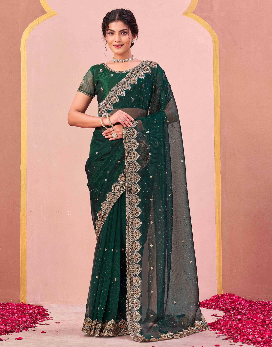 Bottle Green Shimmer Net Embroidery Swarovski Saree