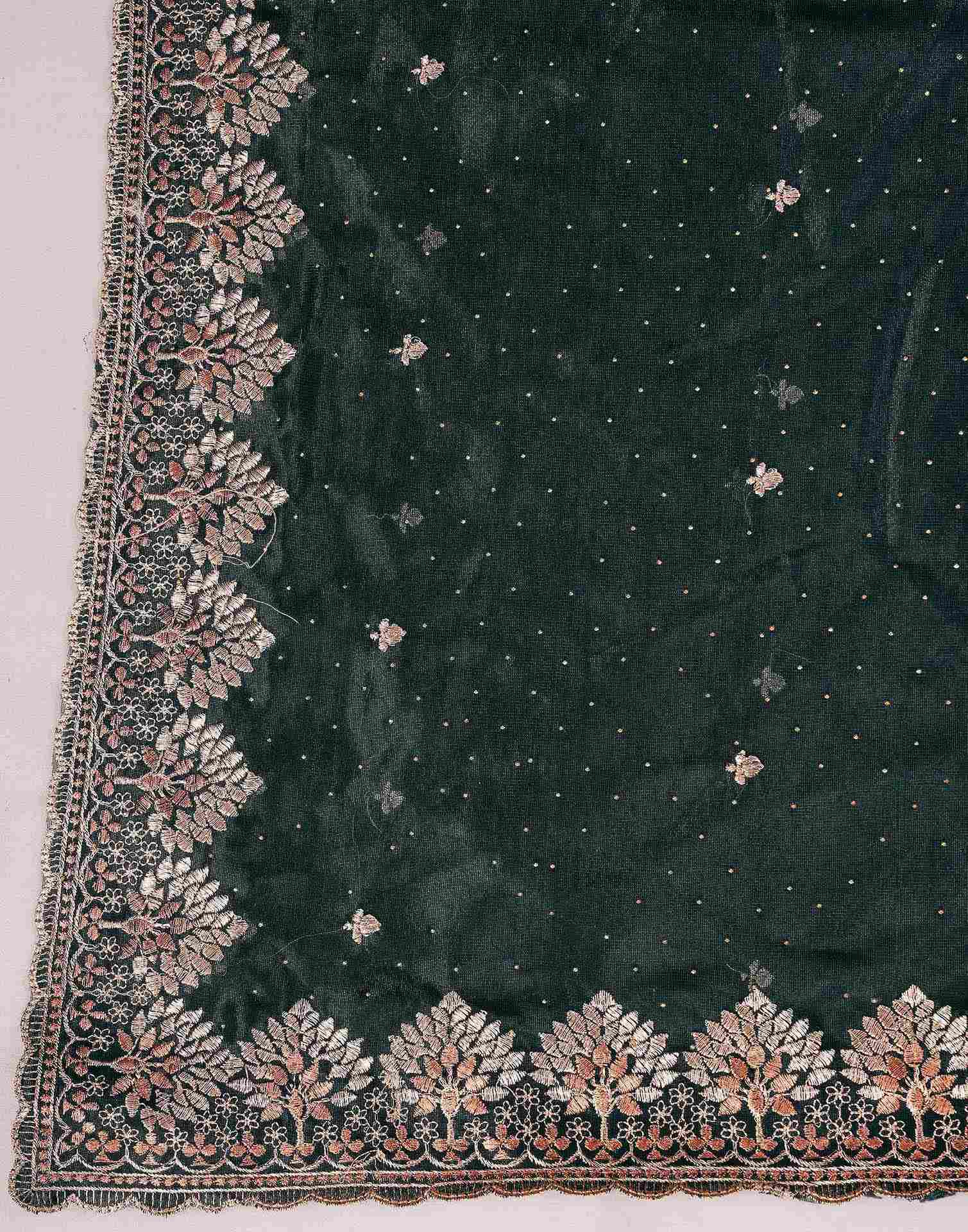Bottle Green Shimmer Net Embroidery Swarovski Saree