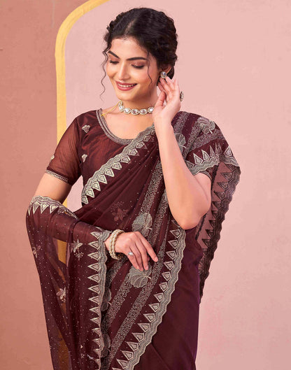 Maroon Shimmer Net Embroidery Swarovski Saree