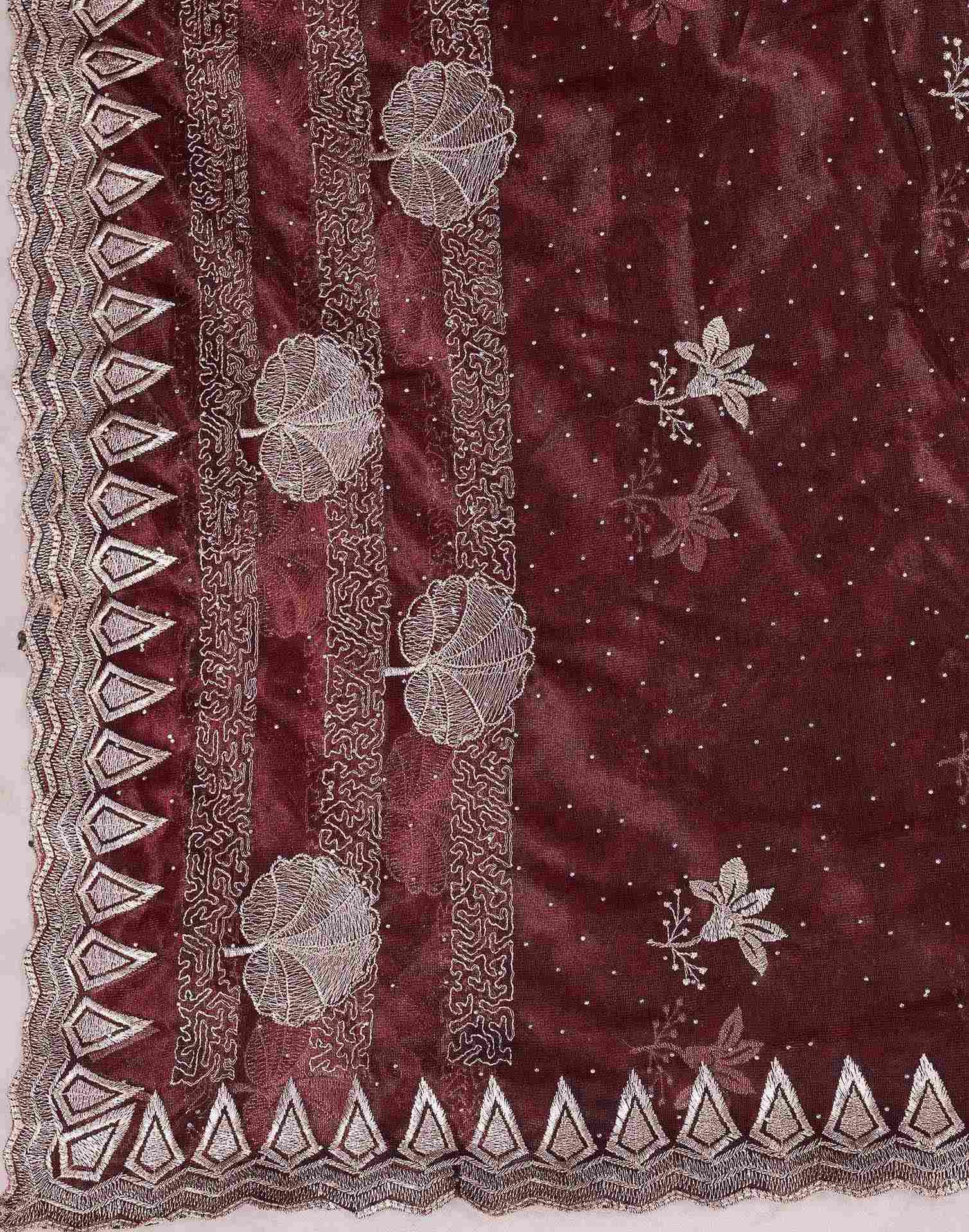 Maroon Shimmer Net Embroidery Swarovski Saree
