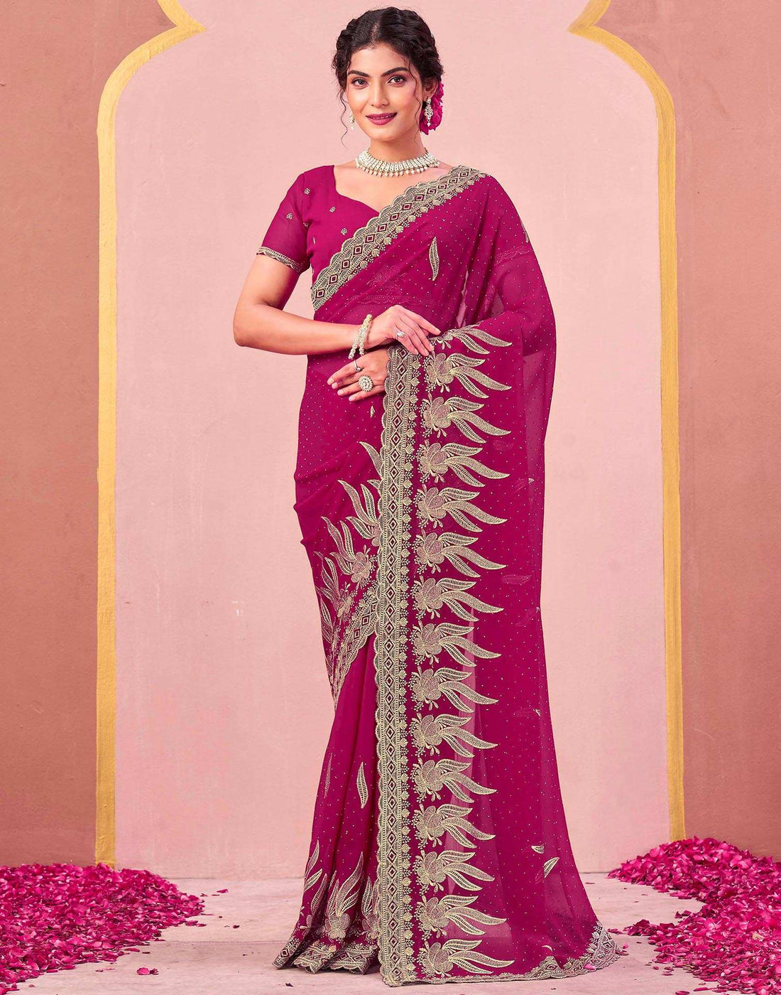 Magenta Georgette Embroidery Swarovski Saree