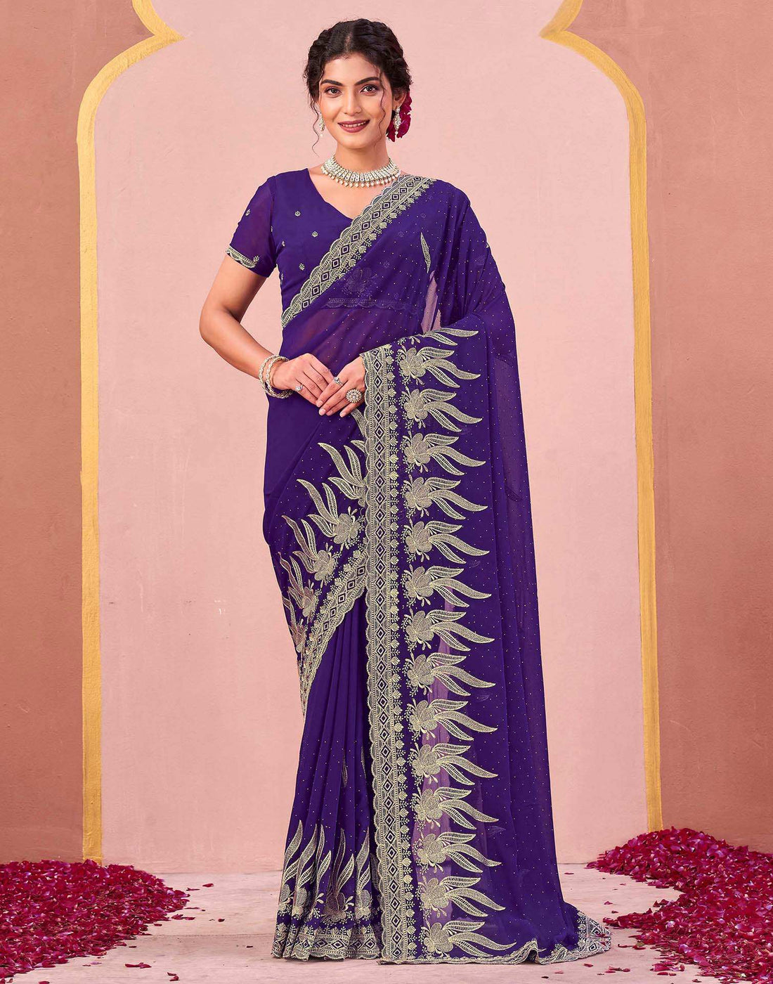 Purple Georgette Embroidery Swarovski Saree