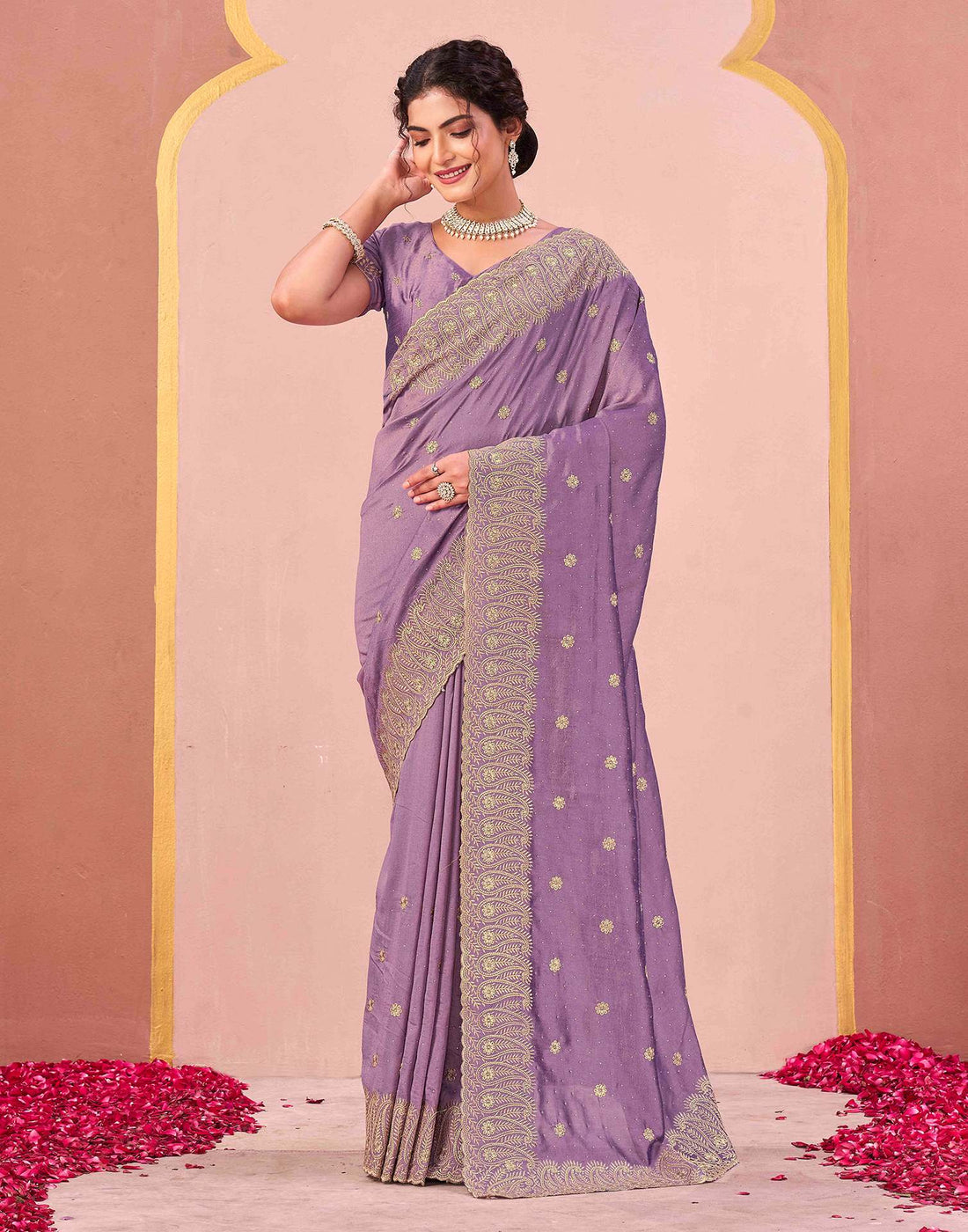 Dusty Lavender Silk Embroidery Swarovski Saree