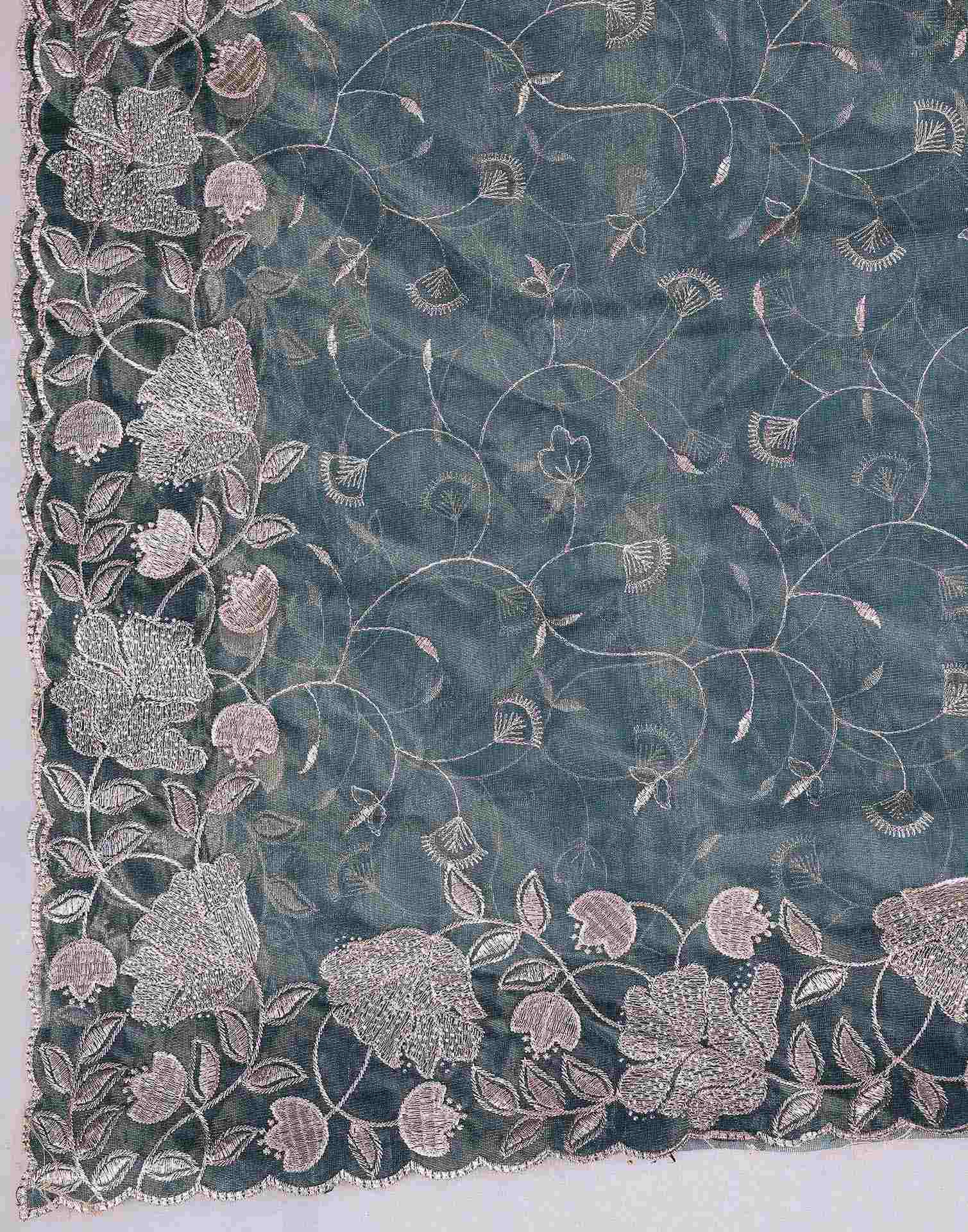 Dusty Teal Blue Shimmer Net Embroidery Saree