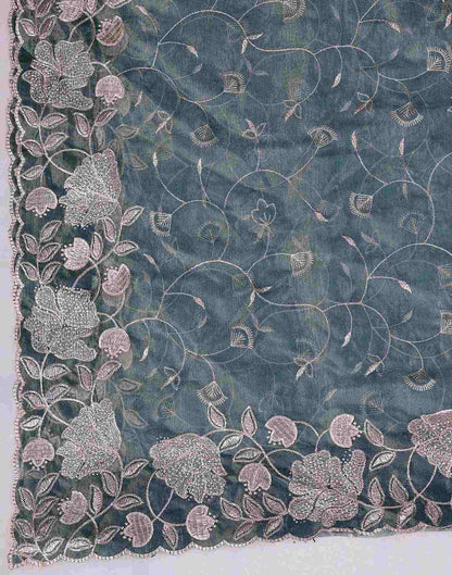 Dusty Teal Blue Shimmer Net Embroidery Saree