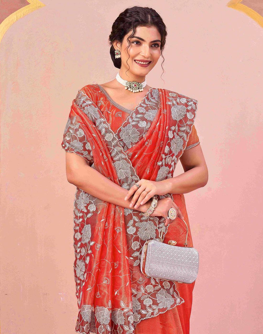 Orange Shimmer Net Embroidery Saree