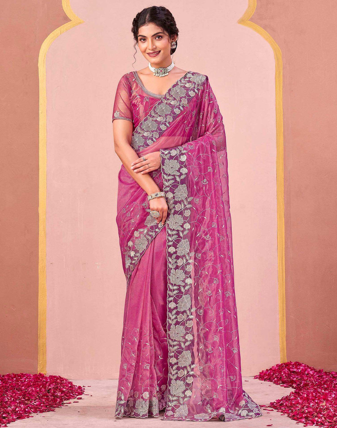 Rani Pink Shimmer Net Embroidery Saree