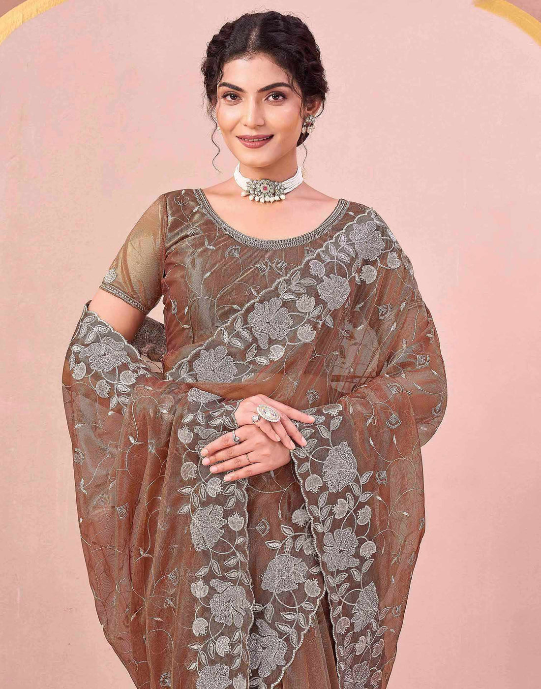 Brown Shimmer Net Embroidery Saree