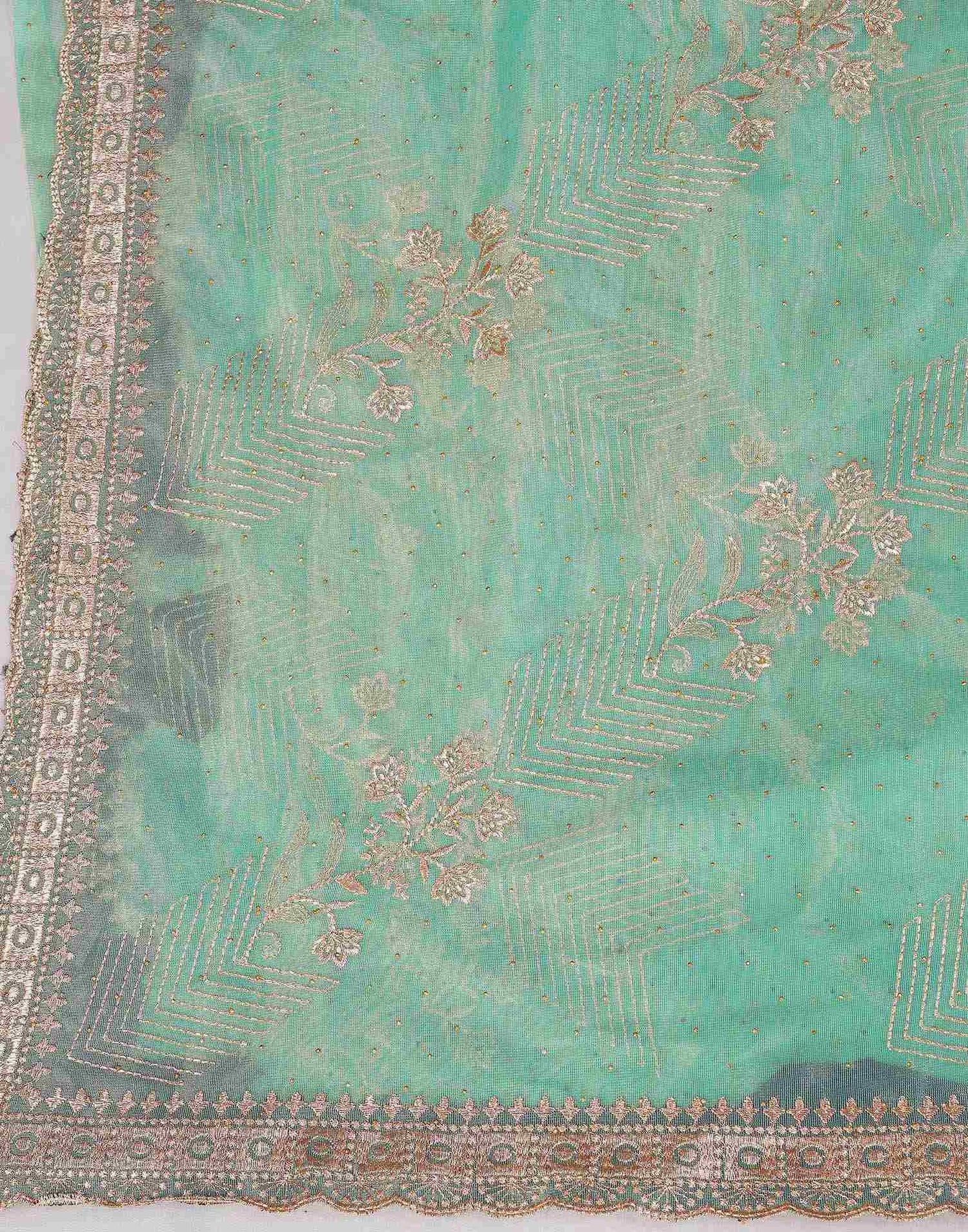 Turquoise Shimmer Net Embroidery Swarovski Saree