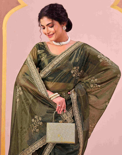 Mehndi Green Shimmer Net Embroidery Swarovski Saree