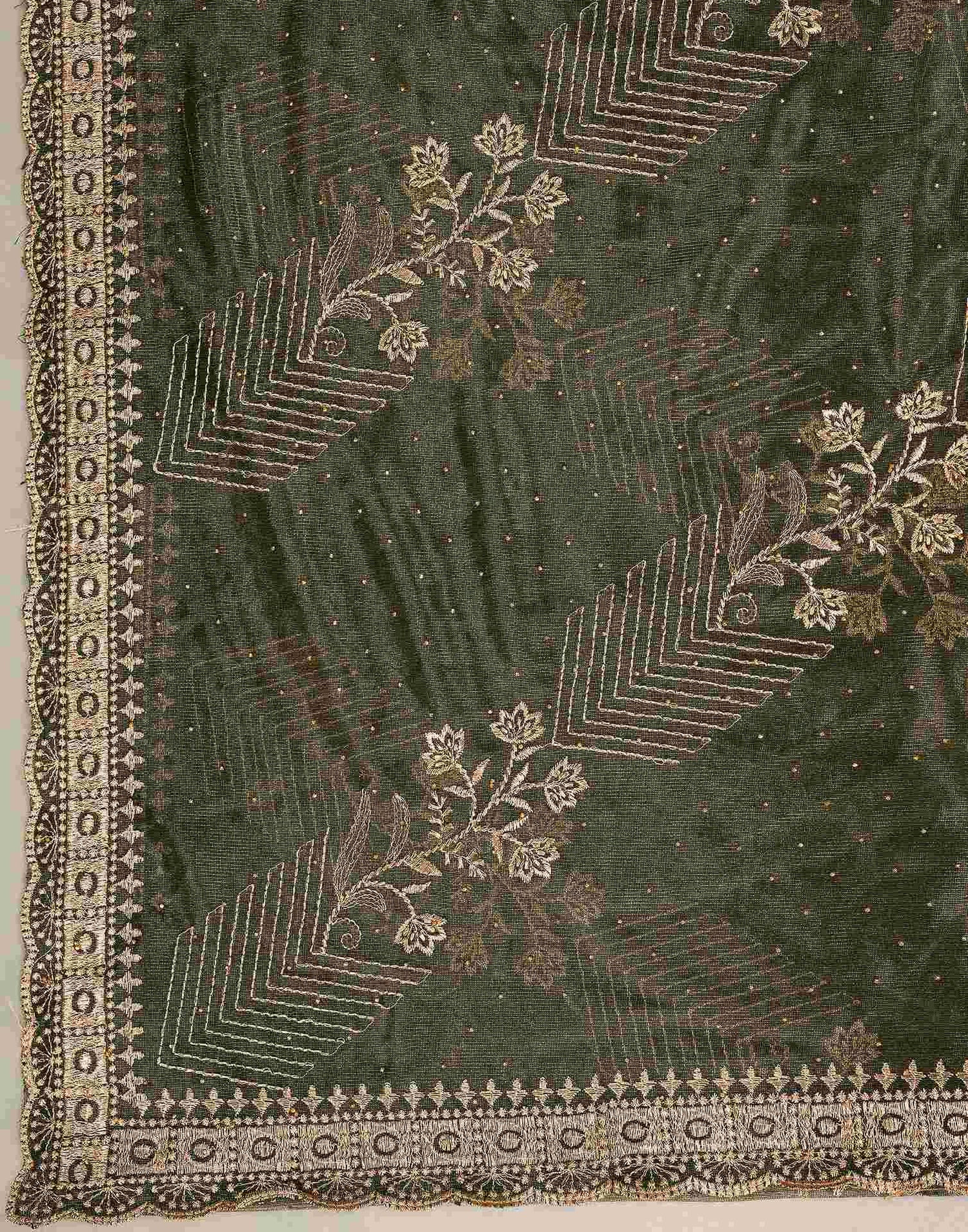 Mehndi Green Shimmer Net Embroidery Swarovski Saree