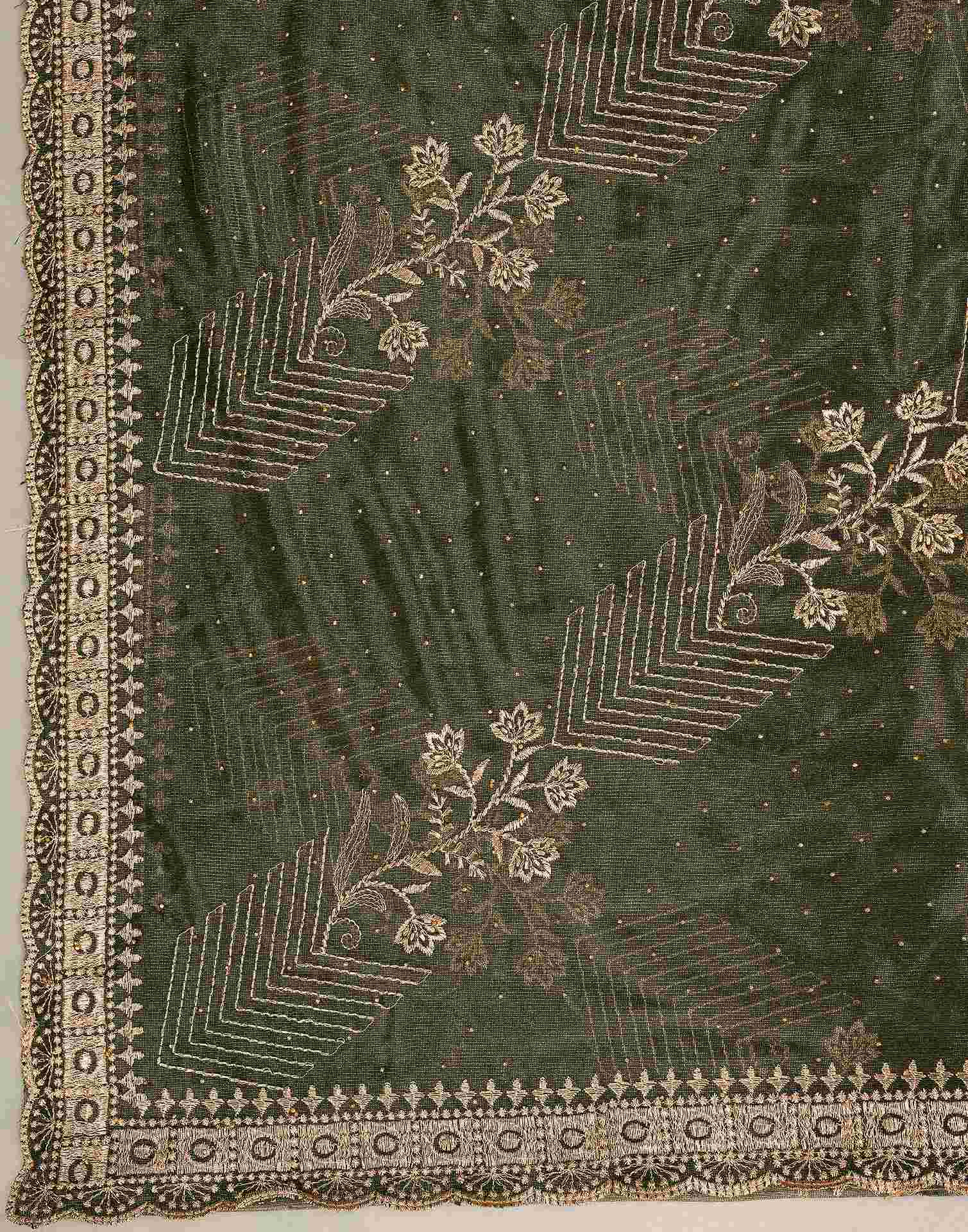 Mehndi Green Shimmer Net Embroidery Swarovski Saree
