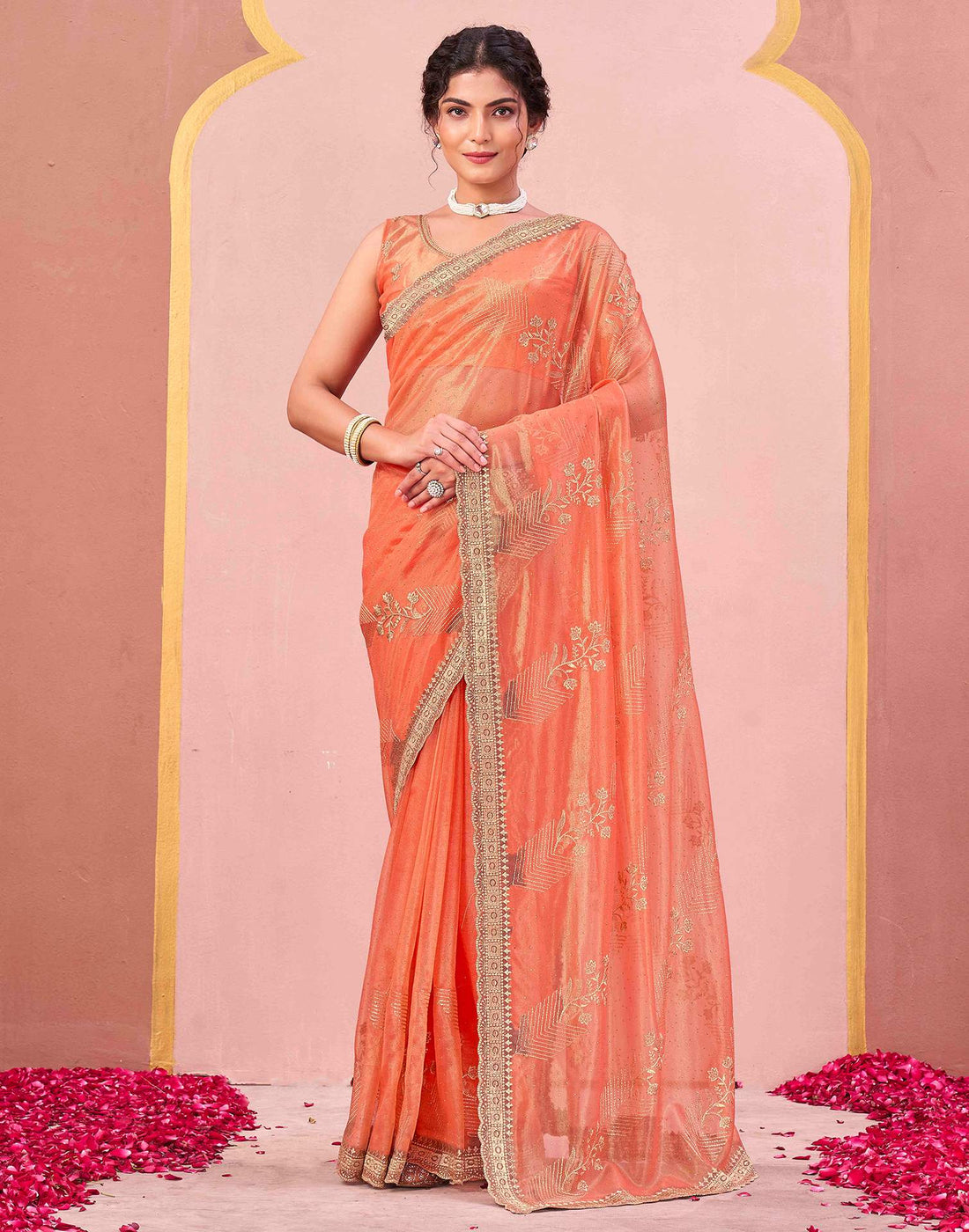 Orange Shimmer Net Embroidery Swarovski Saree