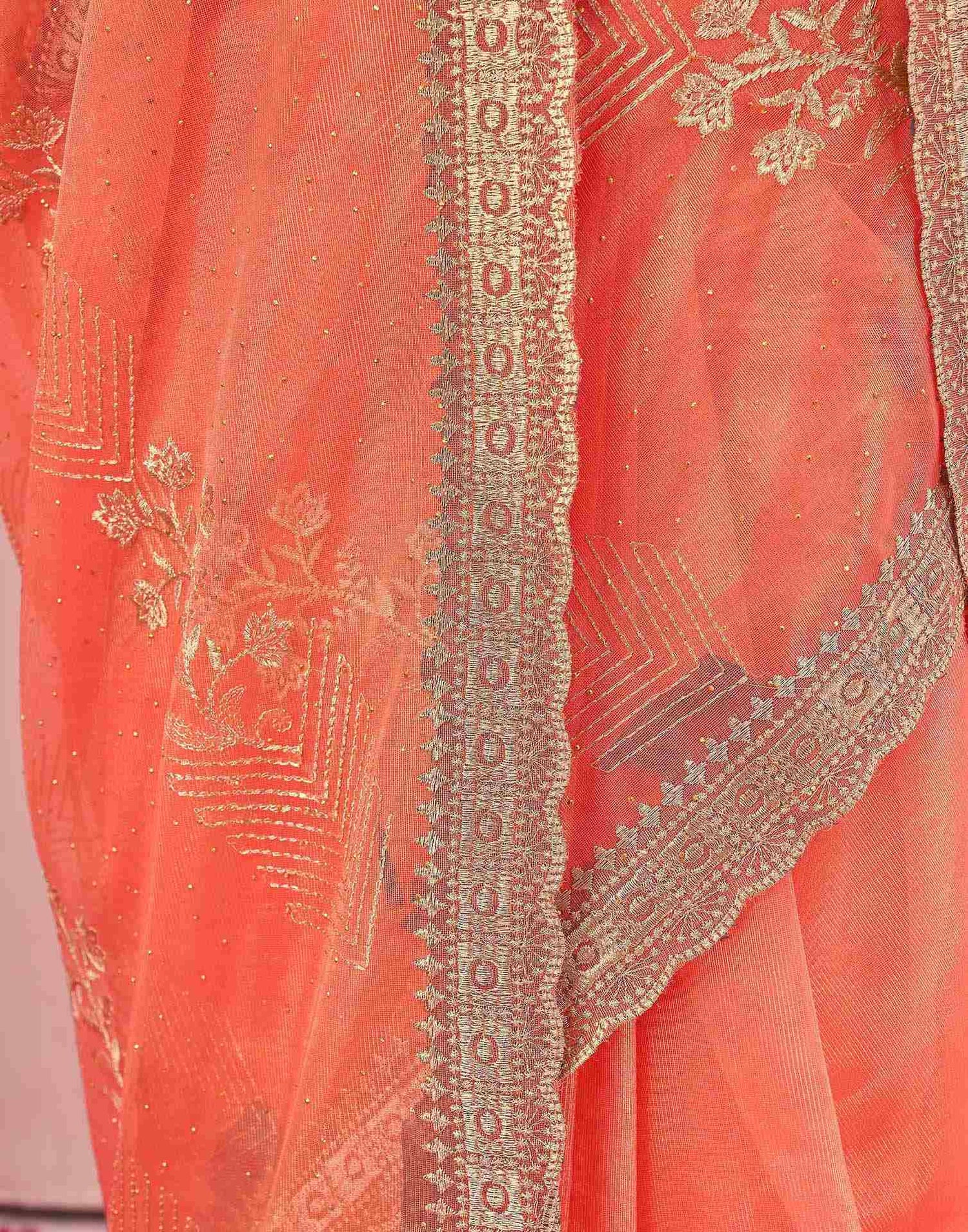 Orange Shimmer Net Embroidery Swarovski Saree