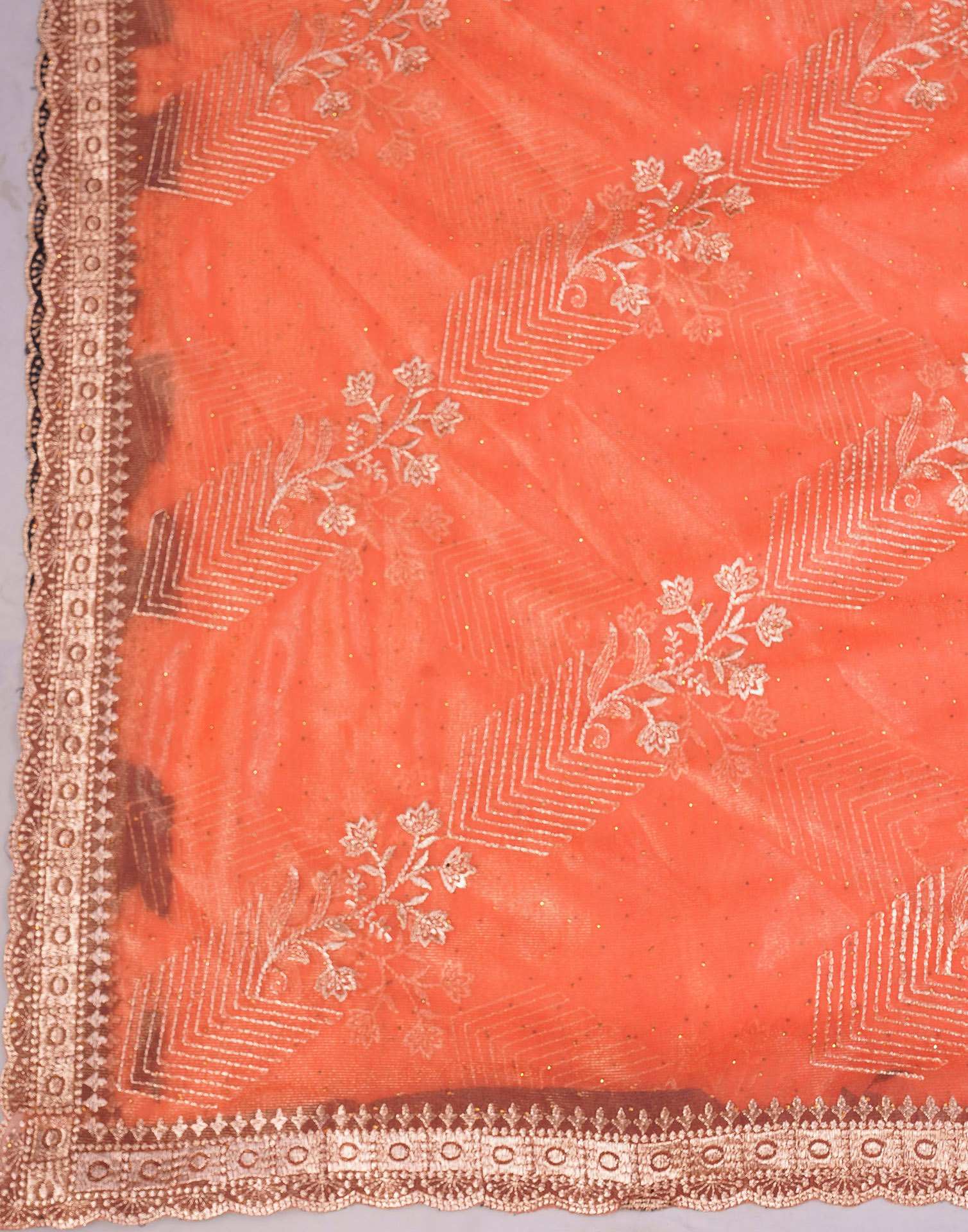 Orange Shimmer Net Embroidery Swarovski Saree
