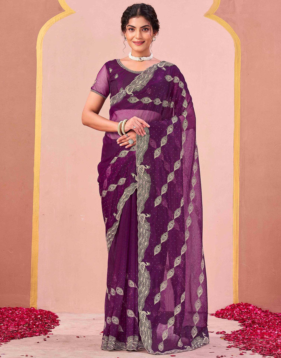 Dark Purple Shimmer Net Embroidery Swarovski Saree