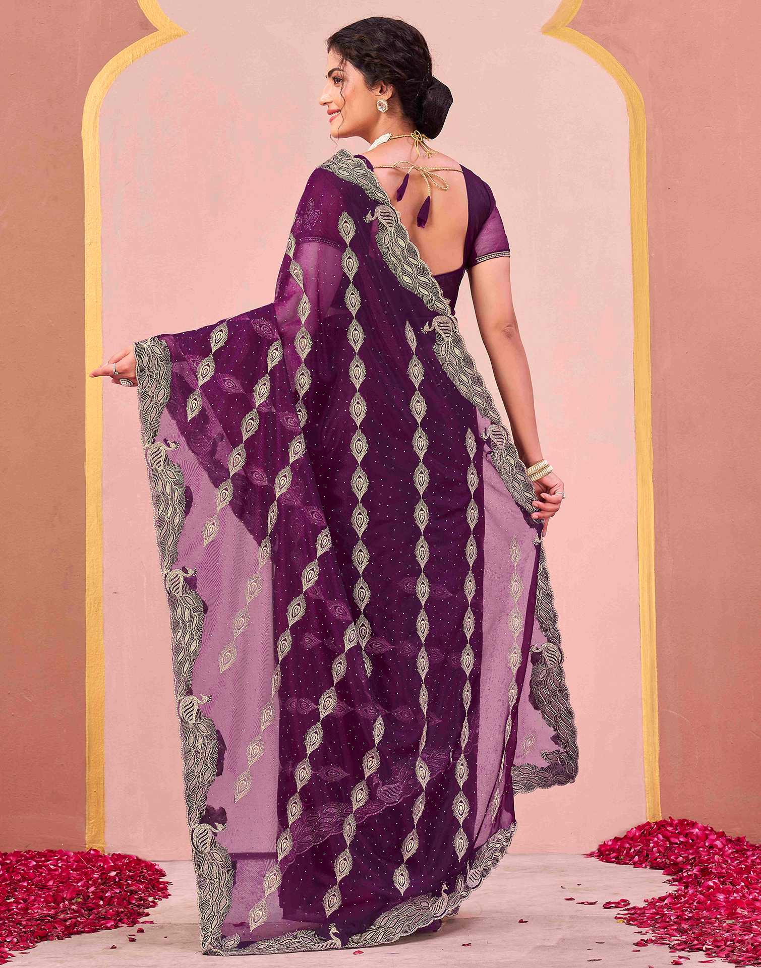 Dark Purple Shimmer Net Embroidery Swarovski Saree