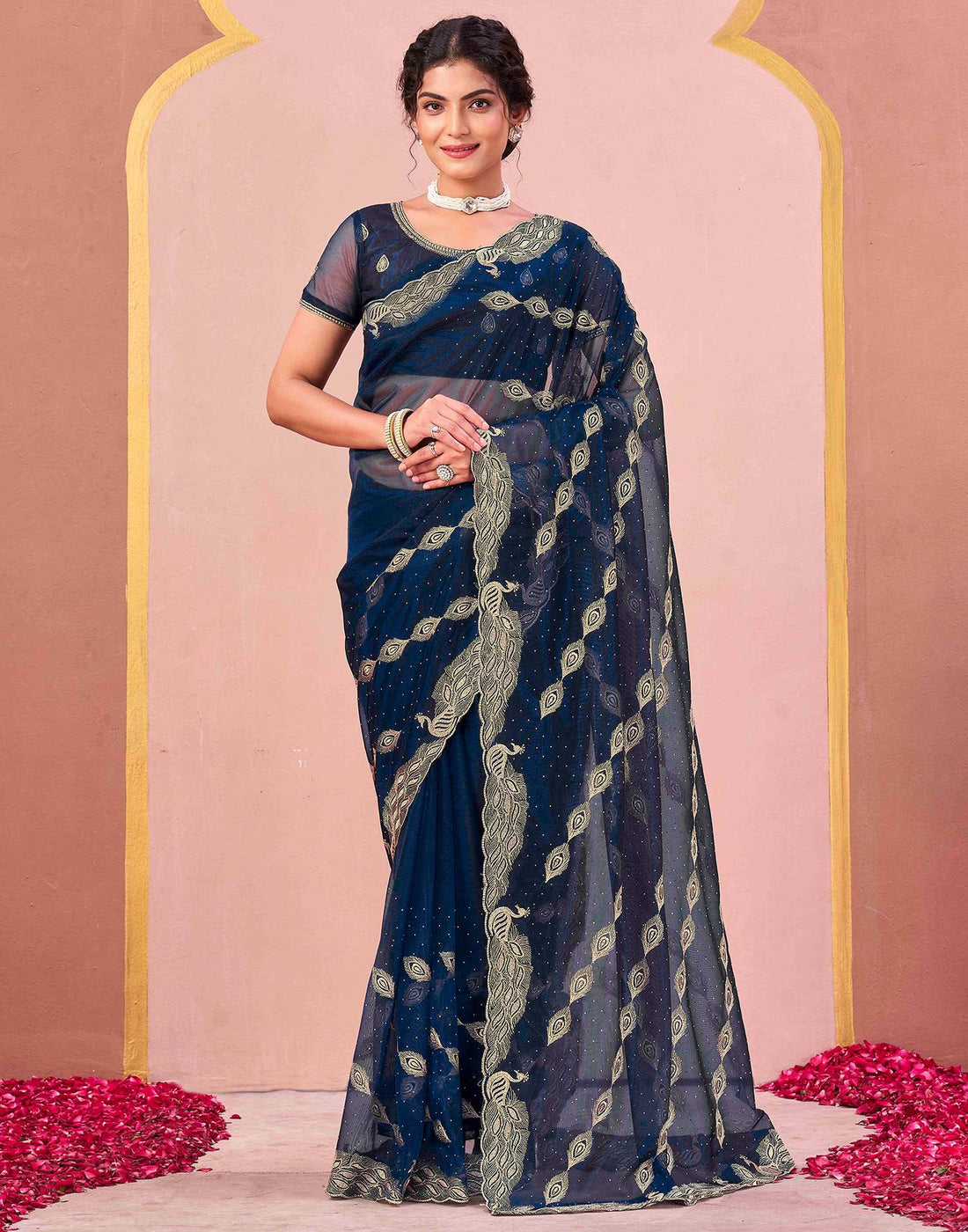 Navy Blue Shimmer Net Embroidery Swarovski Saree
