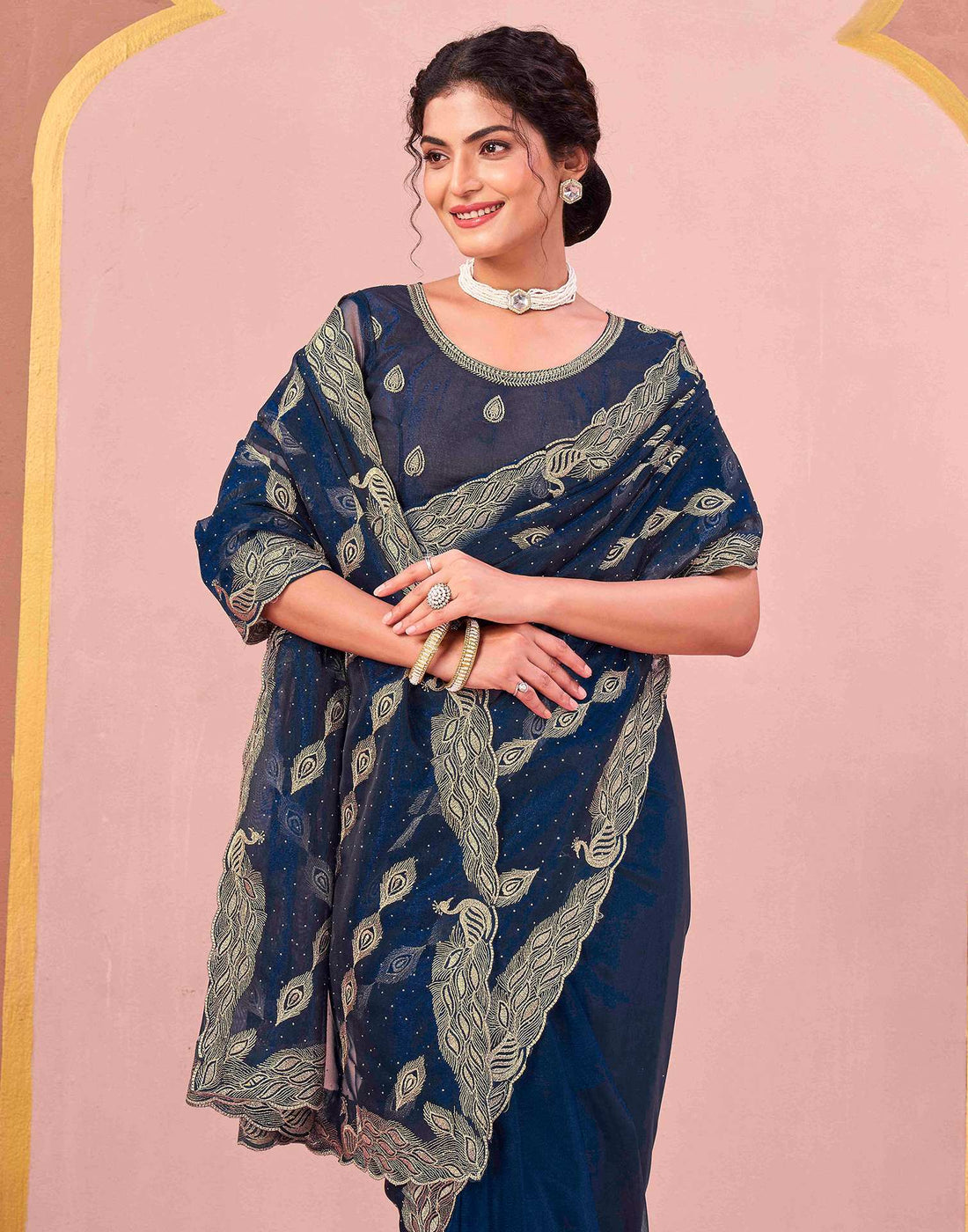 Navy Blue Shimmer Net Embroidery Swarovski Saree