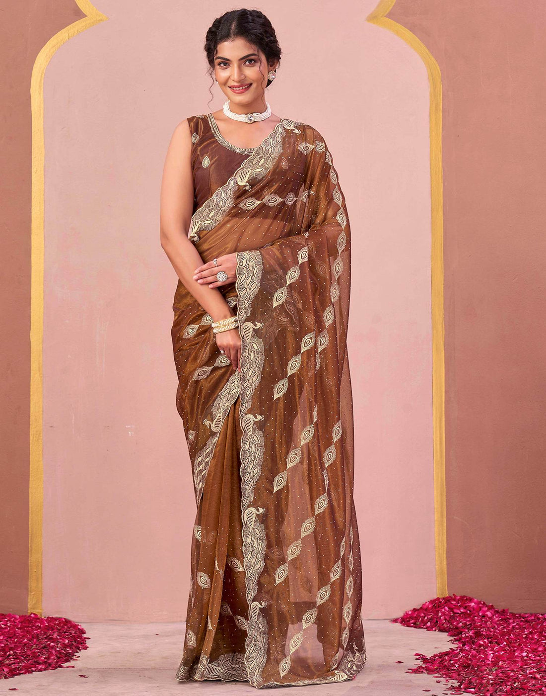 Copper Brown Shimmer Net Embroidery Swarovski Saree