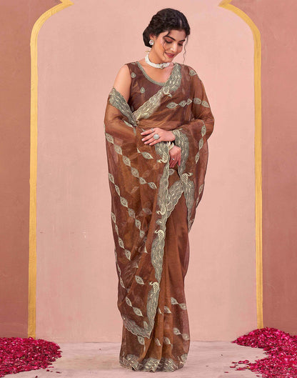 Copper Brown Shimmer Net Embroidery Swarovski Saree