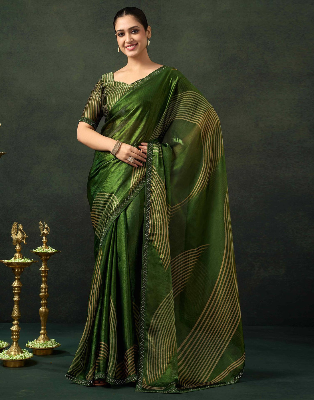 Green Organza Printed Swarovski Saree