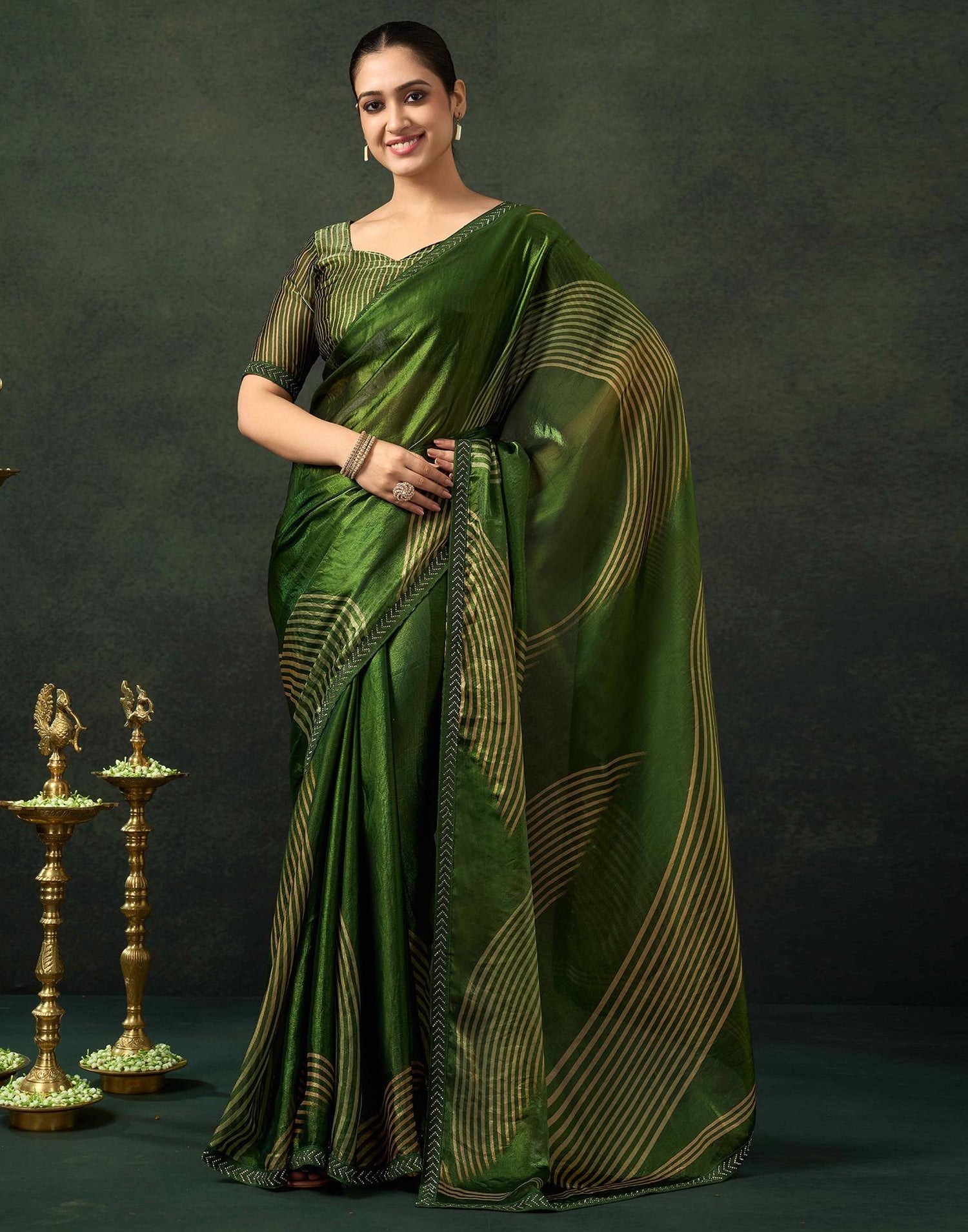 Green Organza Printed Swarovski Saree