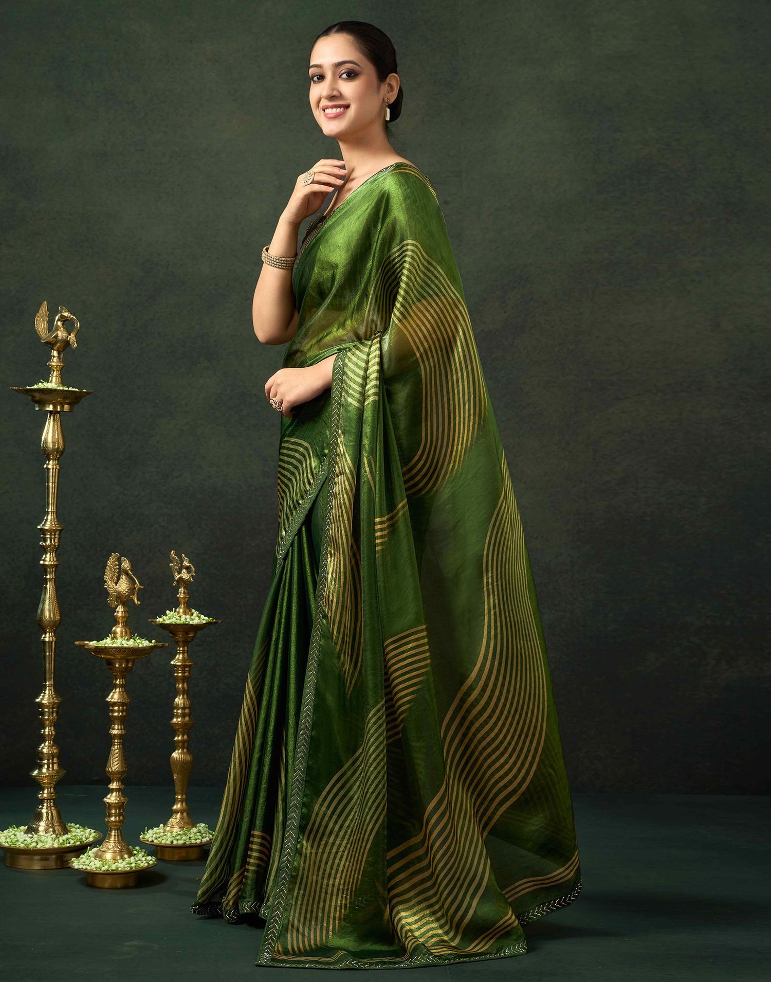 Green Organza Printed Swarovski Saree