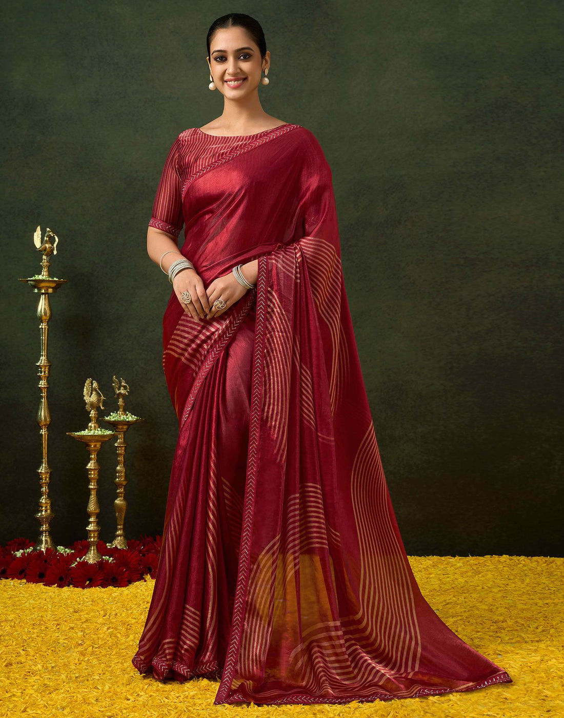 Maroon Organza Printed Swarovski Saree