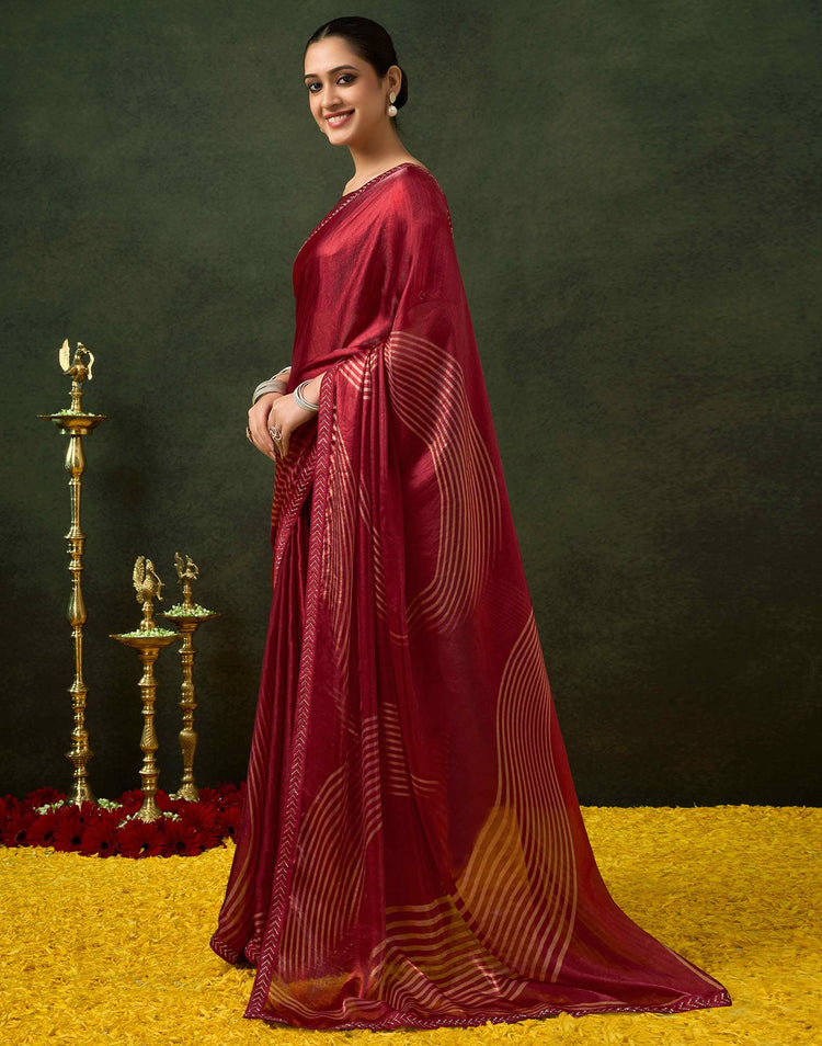 Maroon Organza Printed Swarovski Saree