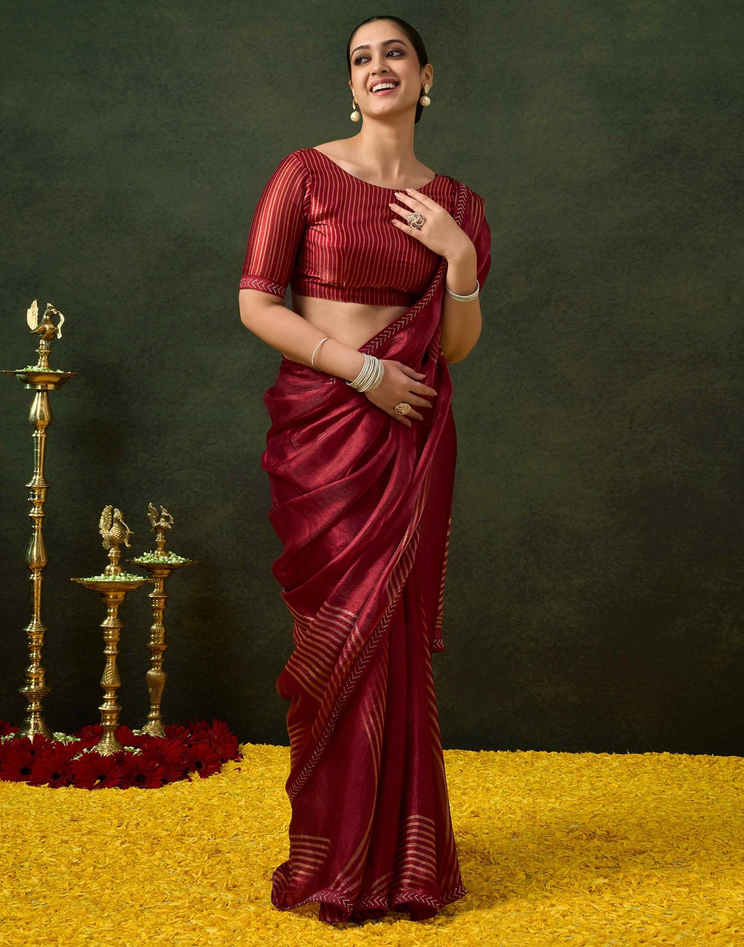 Maroon Organza Printed Swarovski Saree