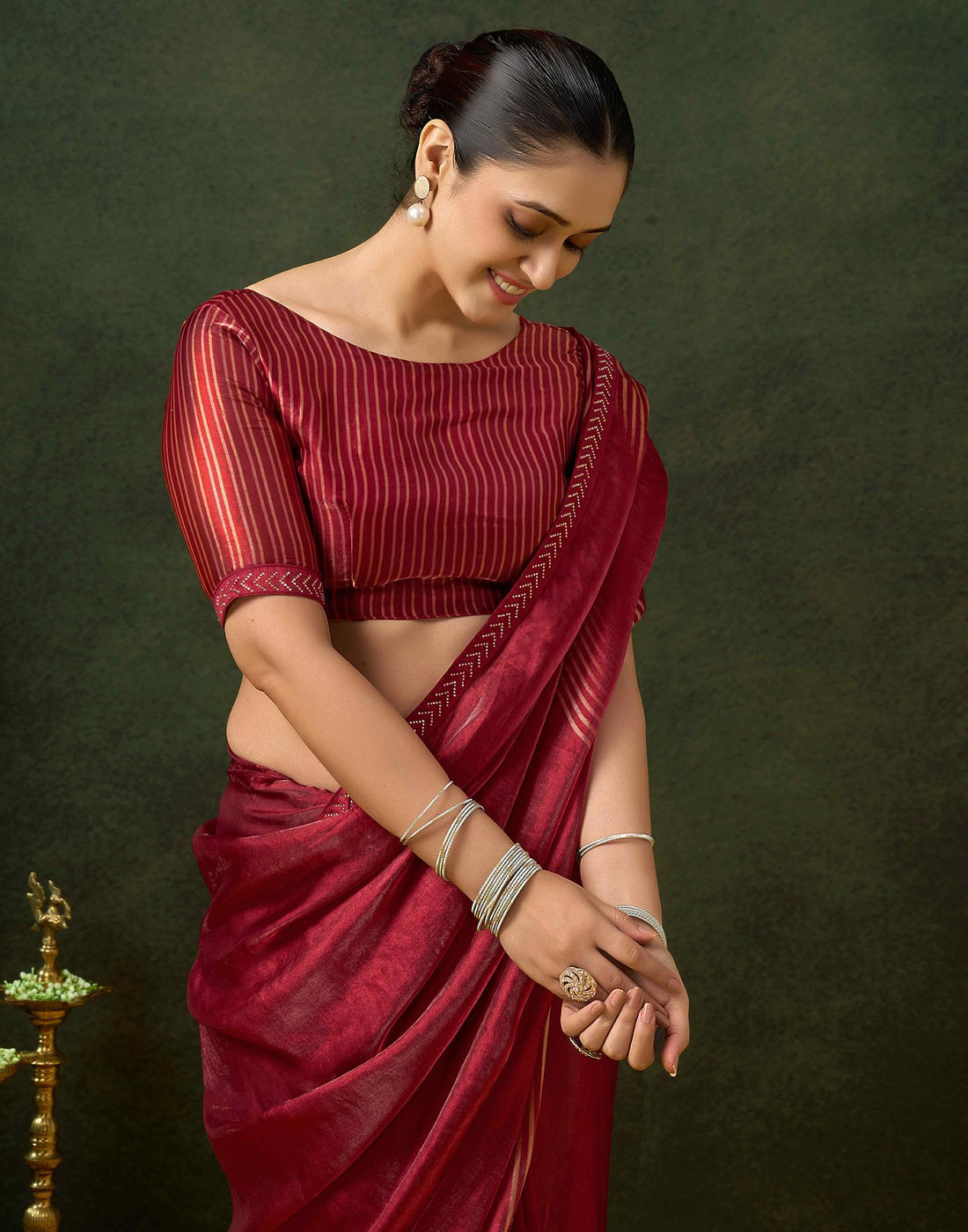 Maroon Organza Printed Swarovski Saree