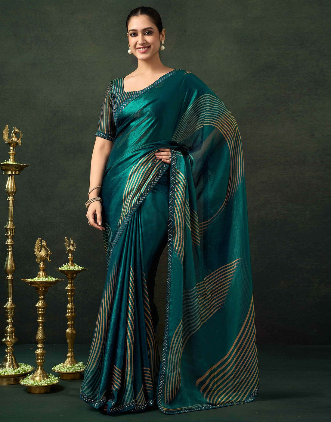 Rama Green Organza Printed Swarovski Saree