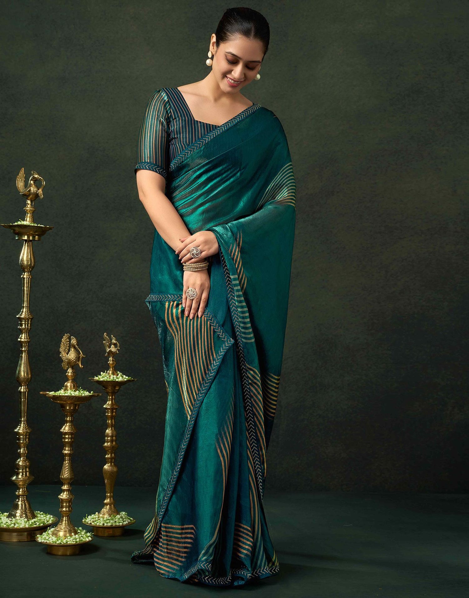 Rama Green Organza Printed Swarovski Saree