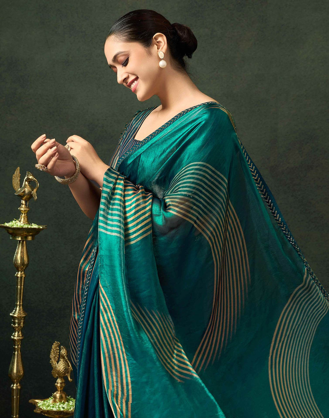 Rama Green Organza Printed Swarovski Saree