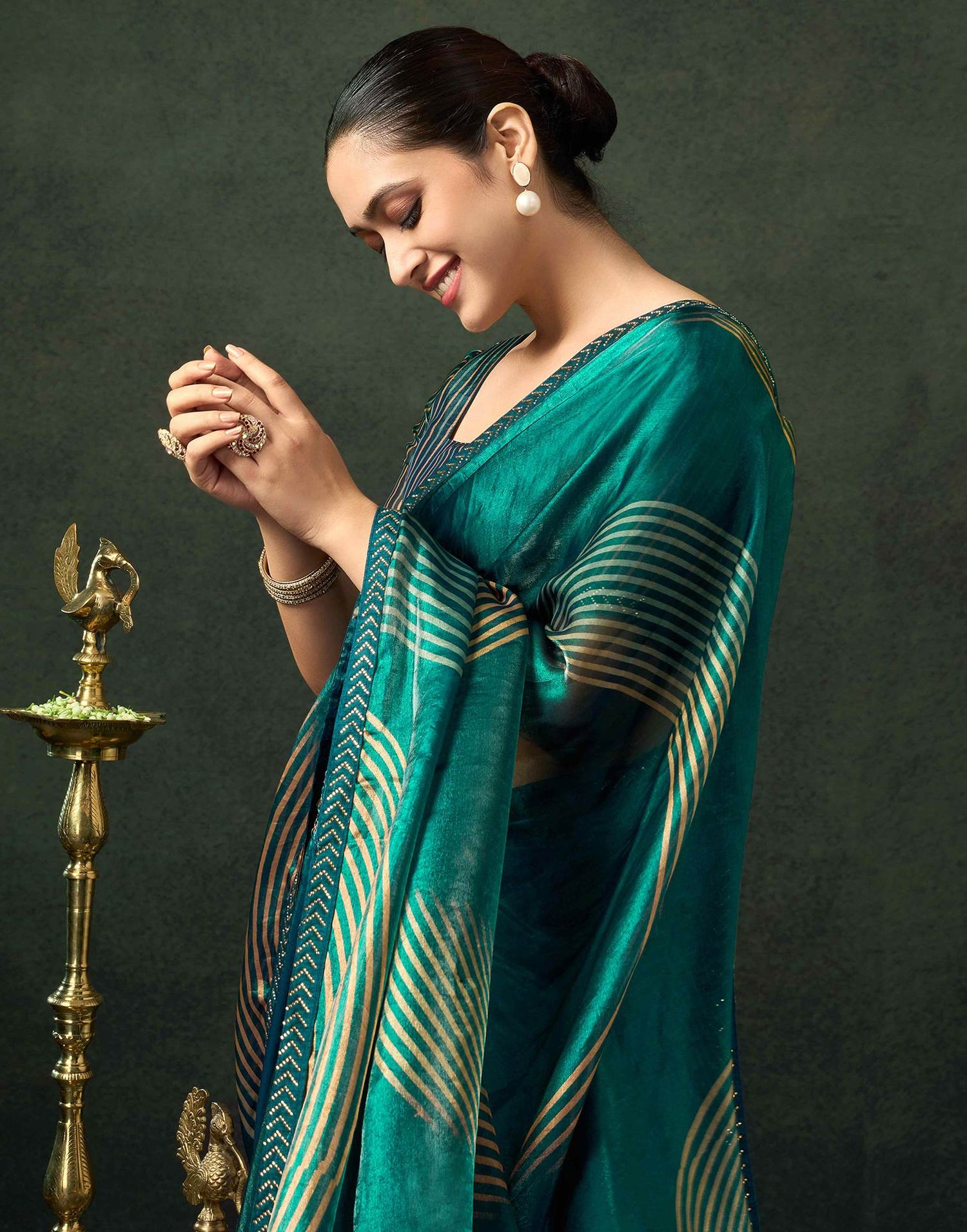 Rama Green Organza Printed Swarovski Saree