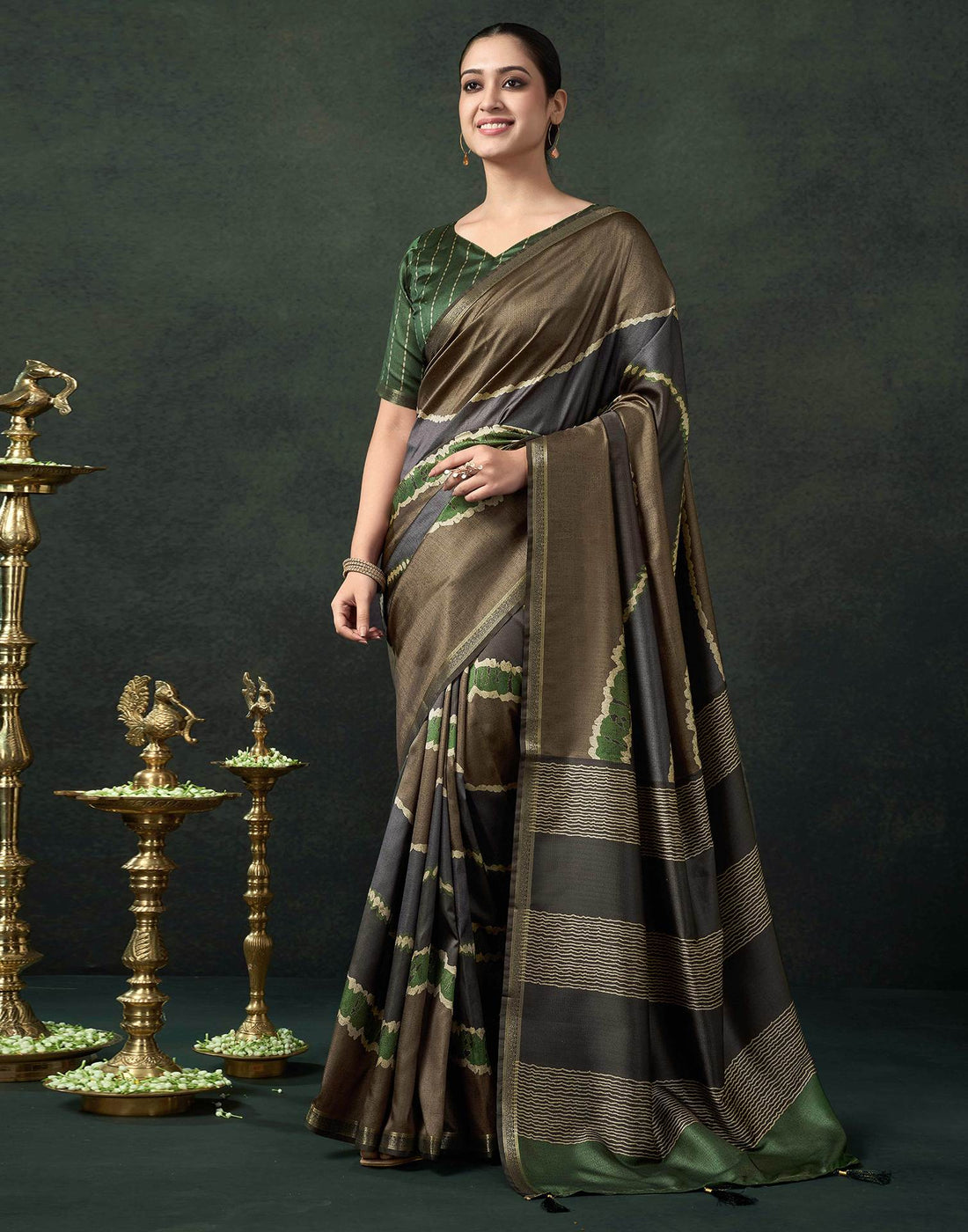 Khaki Silk Printed Saree