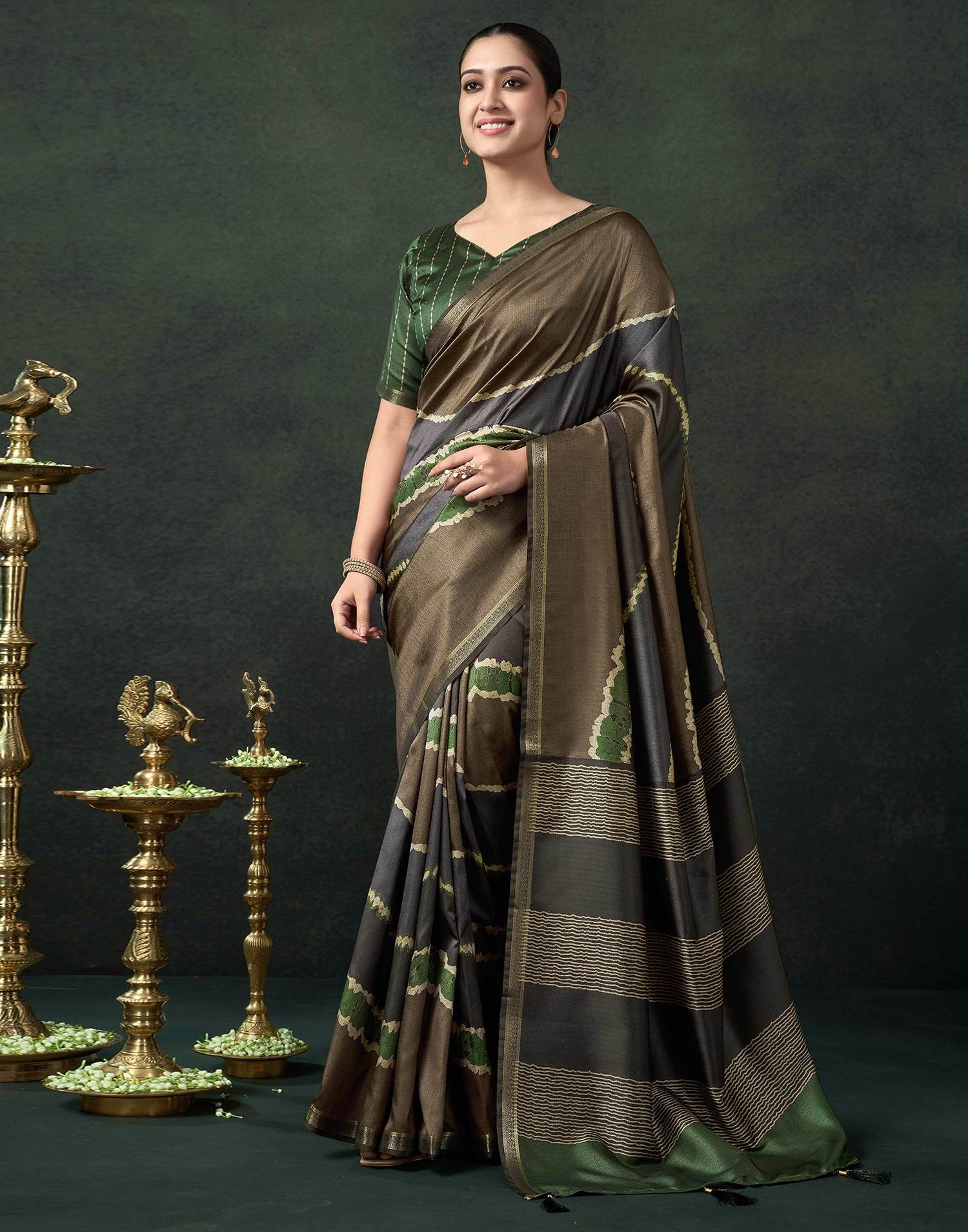Khaki Silk Printed Saree