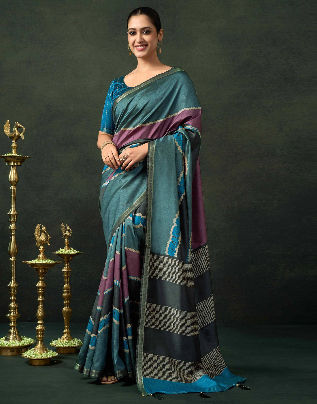 Dusty Teal Blue Silk Printed Saree