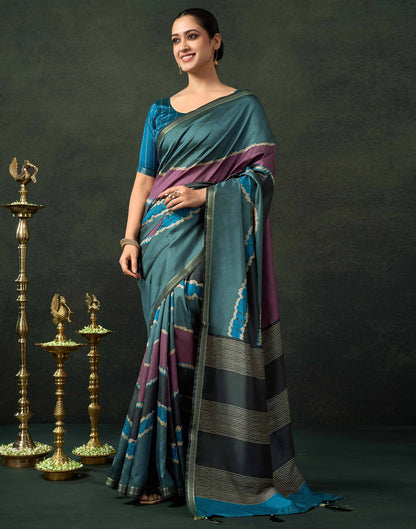 Dusty Teal Blue Silk Printed Saree
