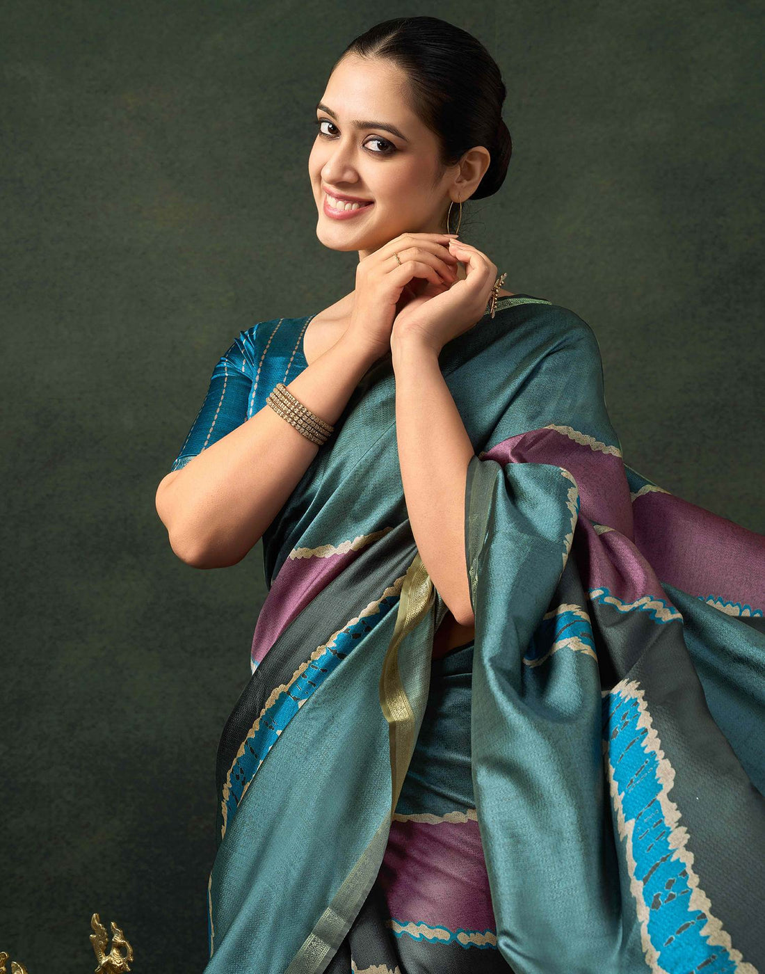 Dusty Teal Blue Silk Printed Saree