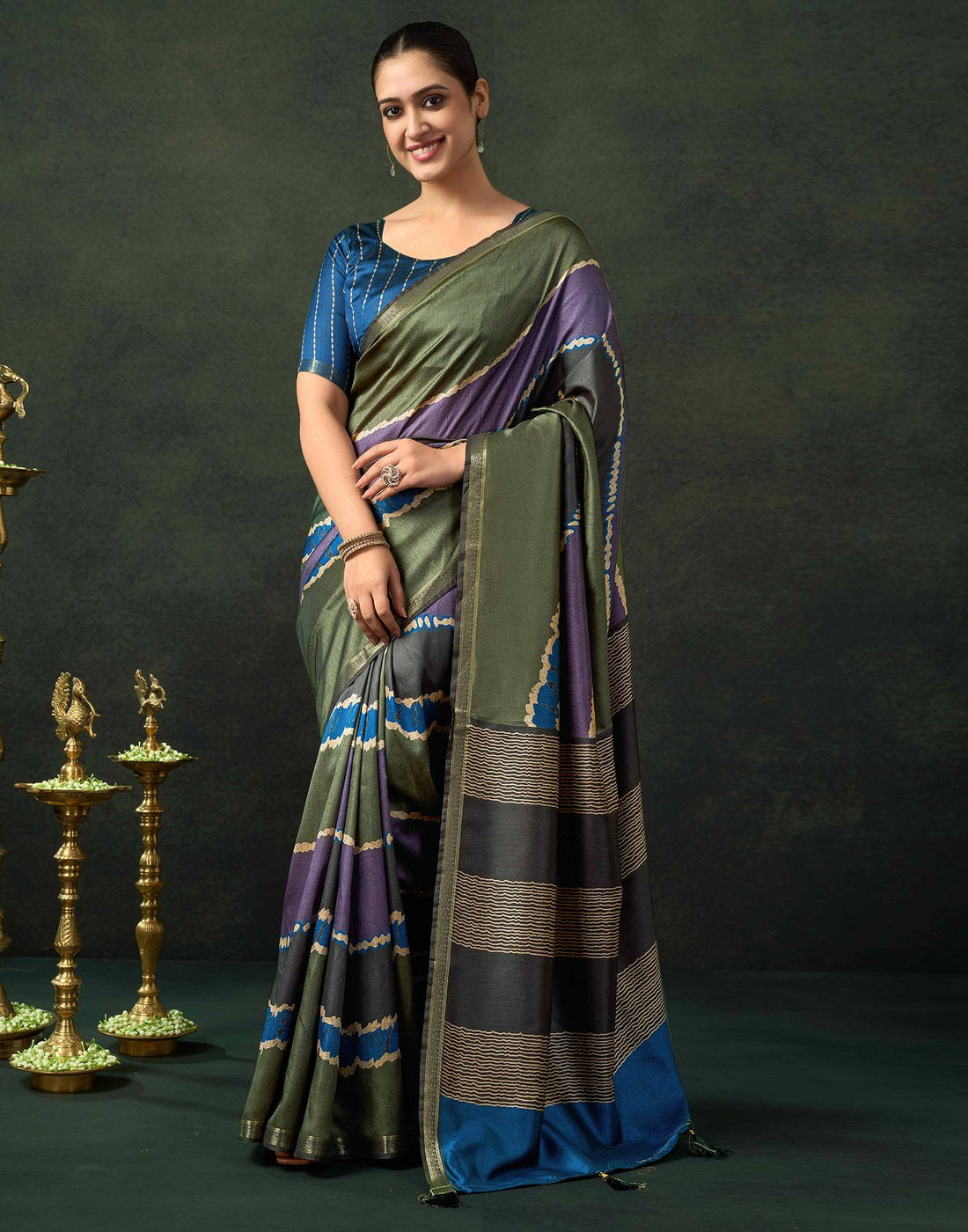 Olive Green Silk Printed Saree