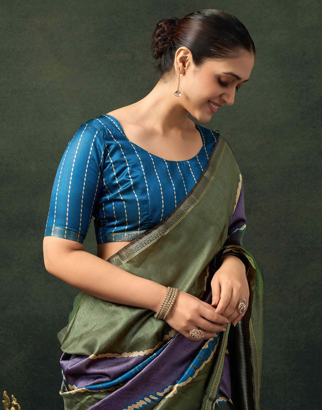 Olive Green Silk Printed Saree