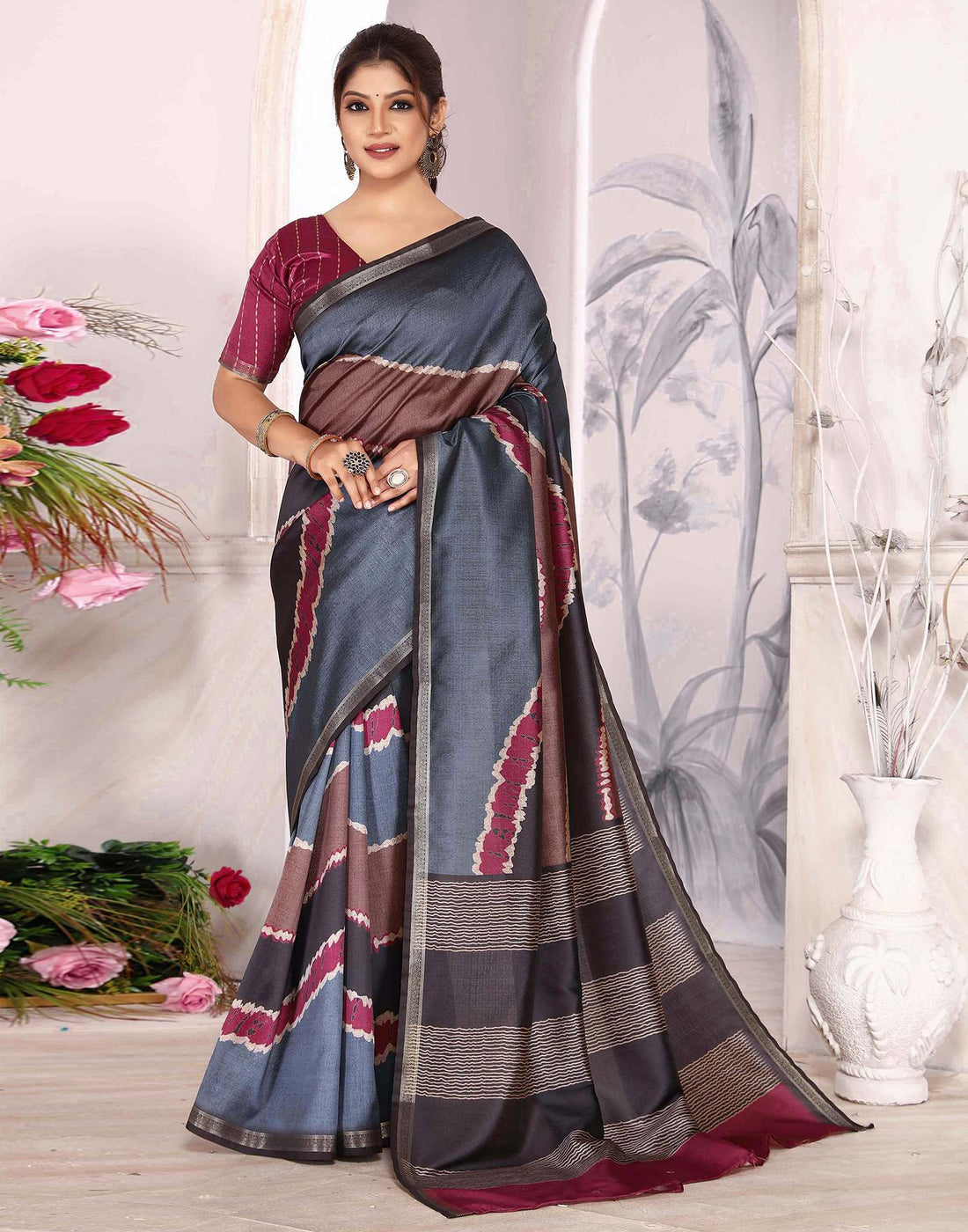 Grey Silk Printed Saree