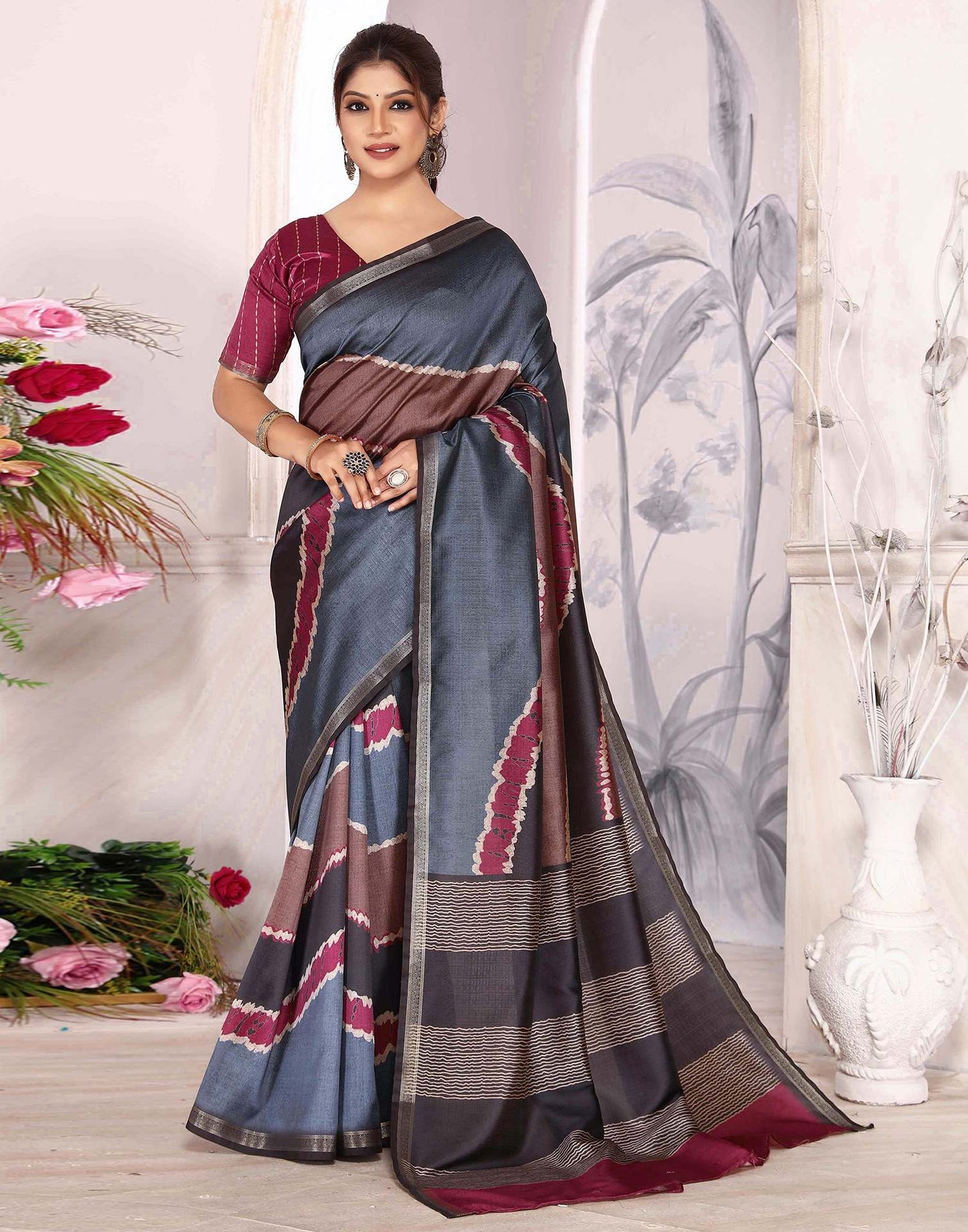 Grey Silk Printed Saree